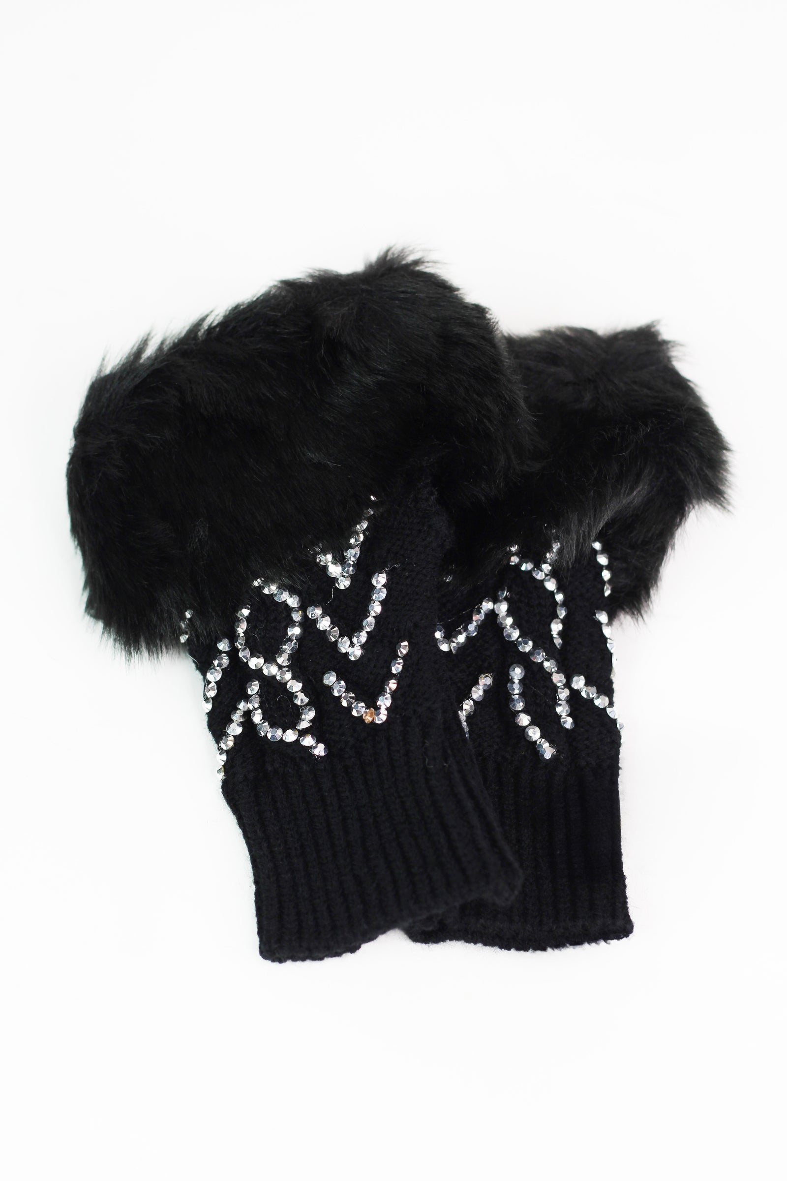 Cable Knit Fingerless Gloves w/ Rhinestone Accents & Fur Trim