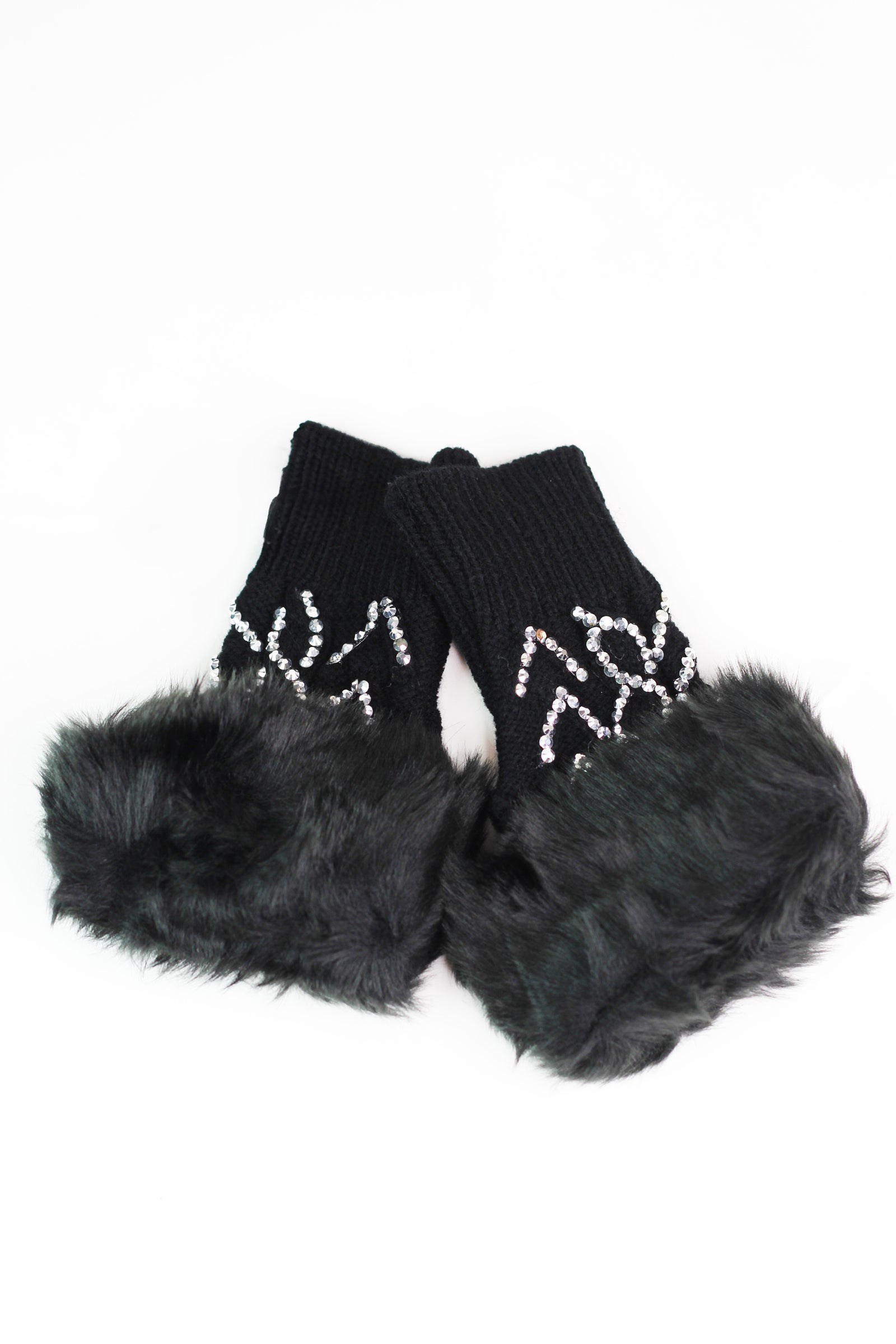Cable Knit Fingerless Gloves w/ Rhinestone Accents & Fur Trim