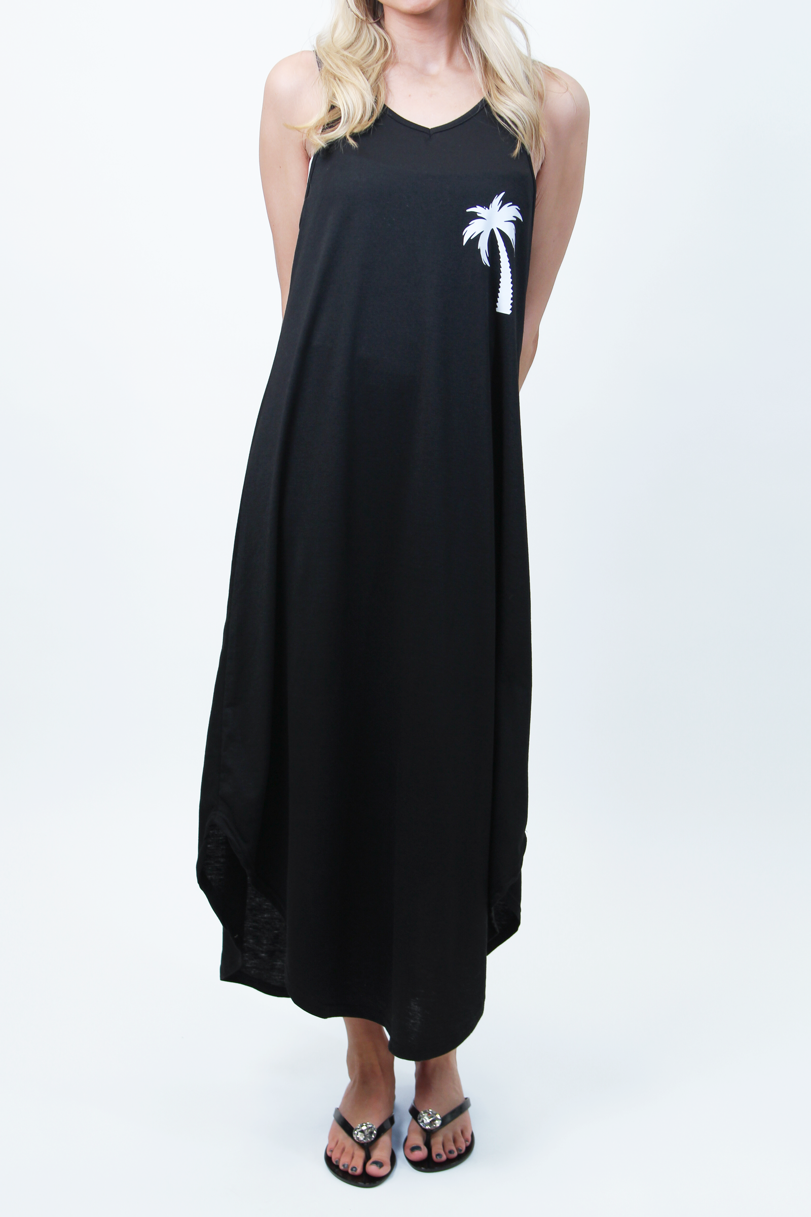 Sleeveless Strappy V-Neck Knit Dress w/ Palm Tree Logo