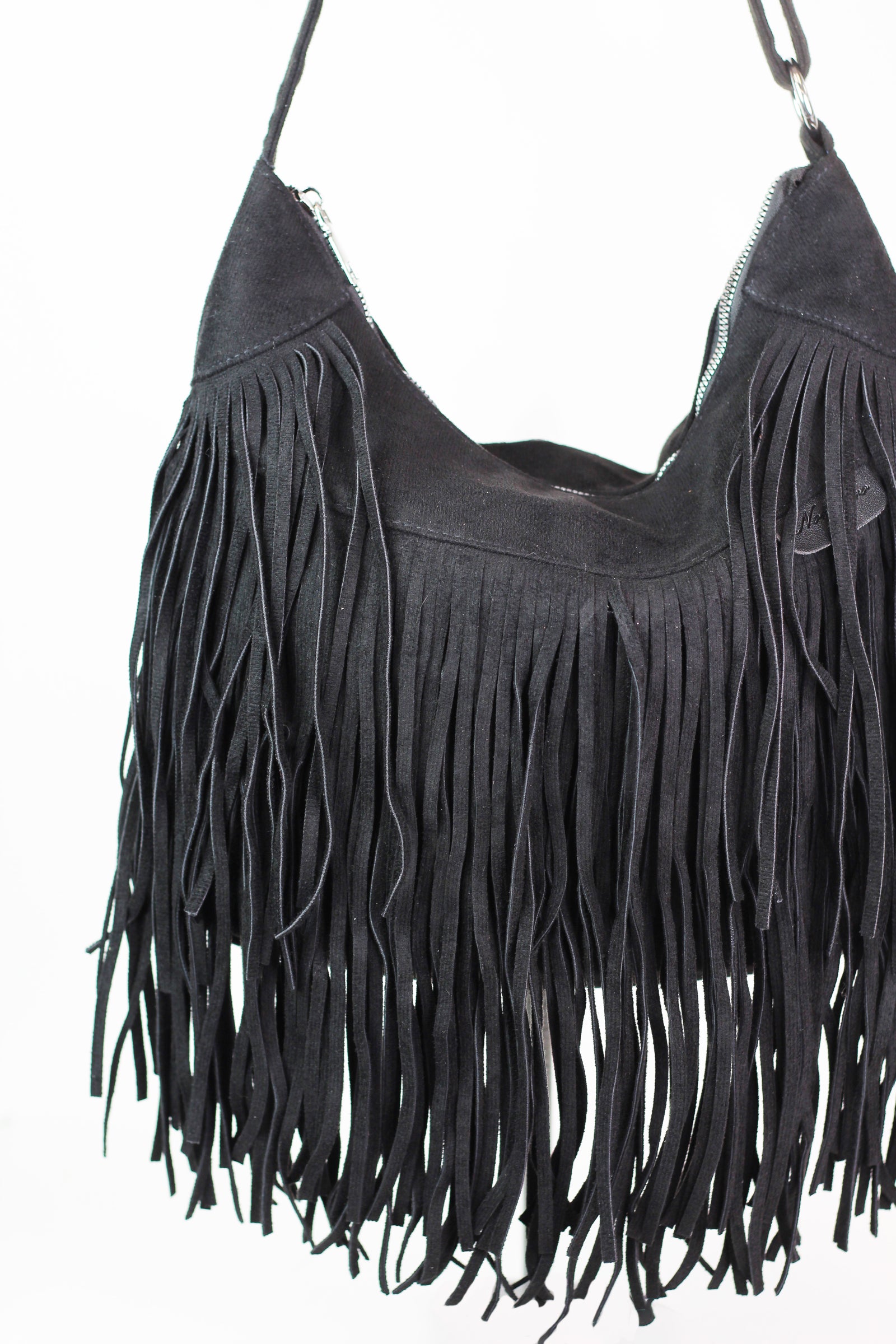Faux Suede Fringe Covered Zip Top Purse