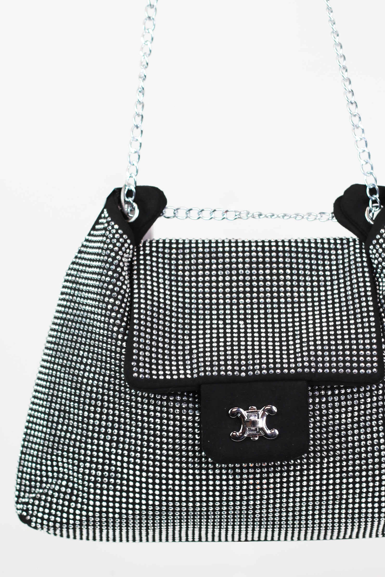All Rhinestone Front Purse w/ Flap Closure & Chain Strap