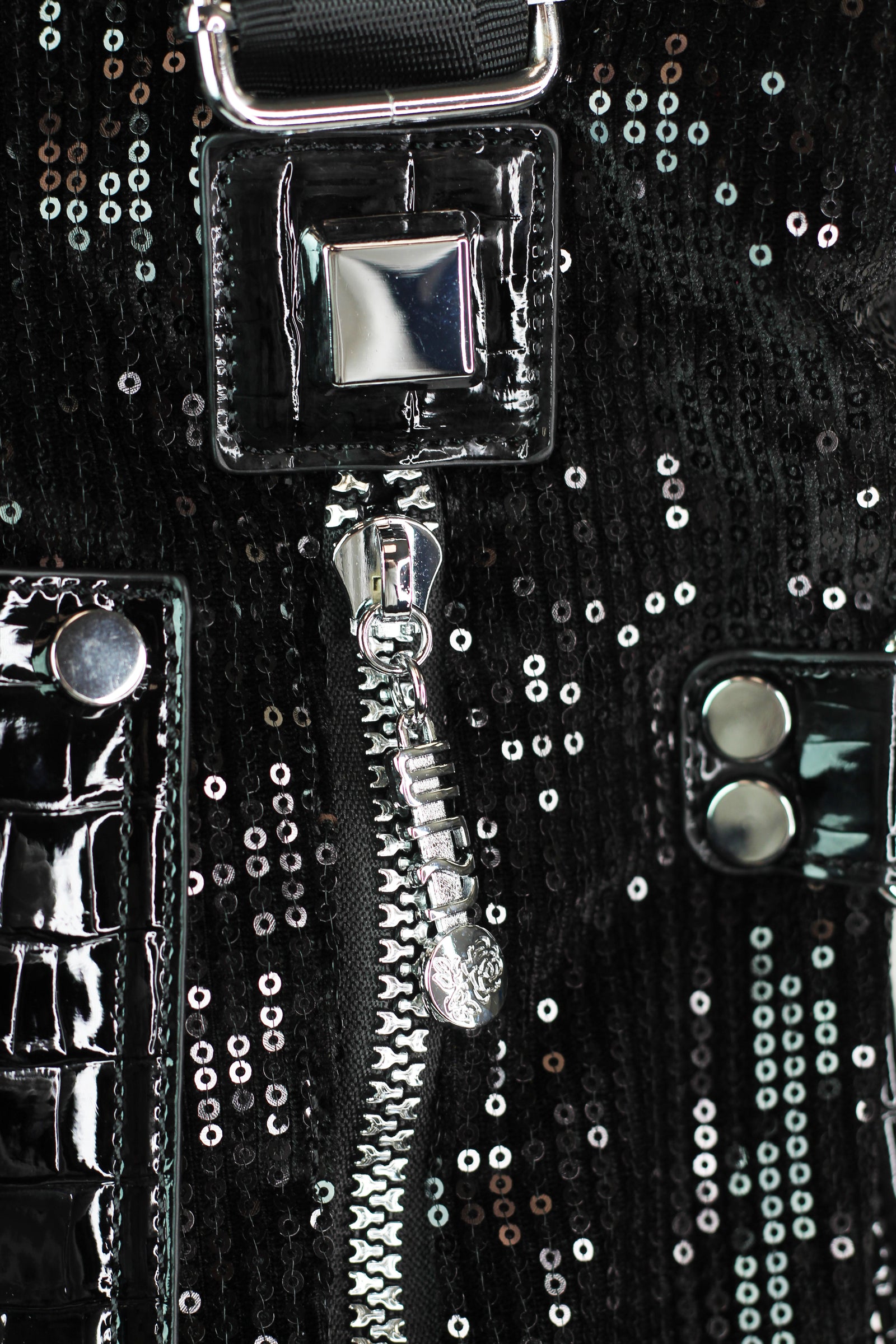 Sequin & Faux Reptile Purse w/ Front Pocket Zippers & Straps