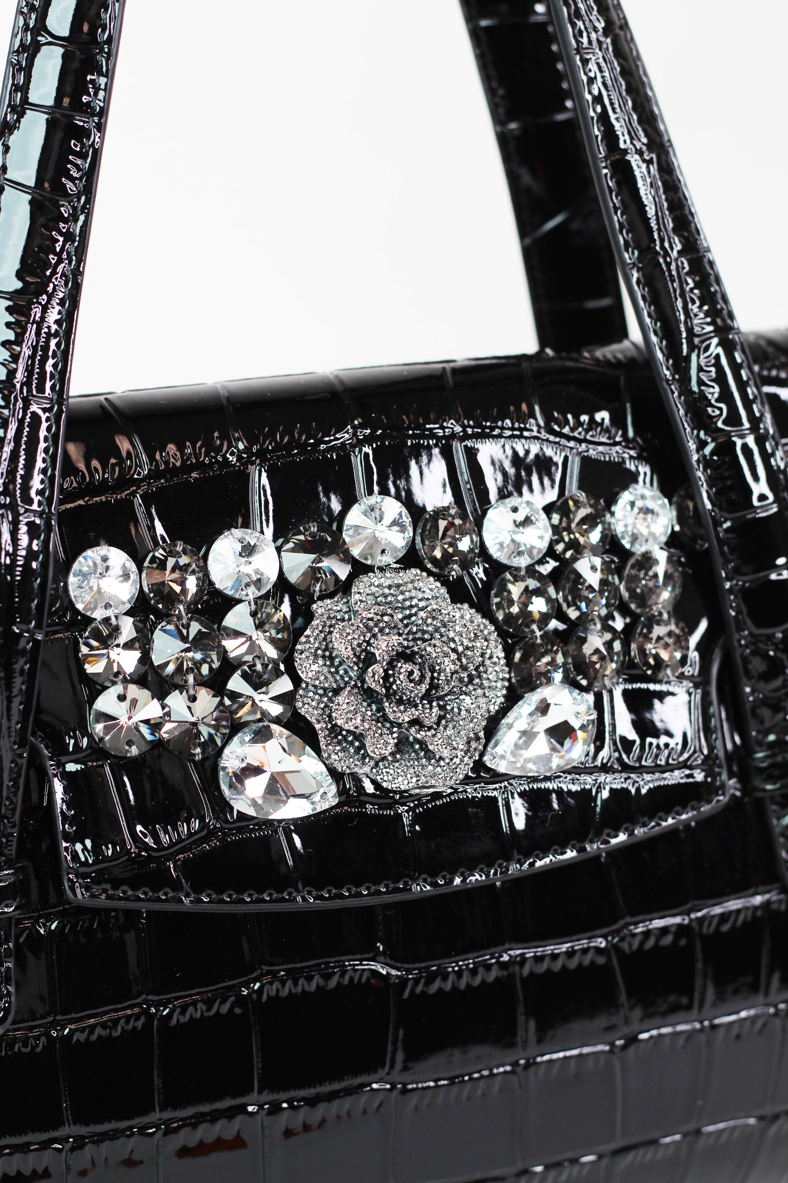 Faux Reptile Envelope Handbag w/ Rhinestone Floral Trim