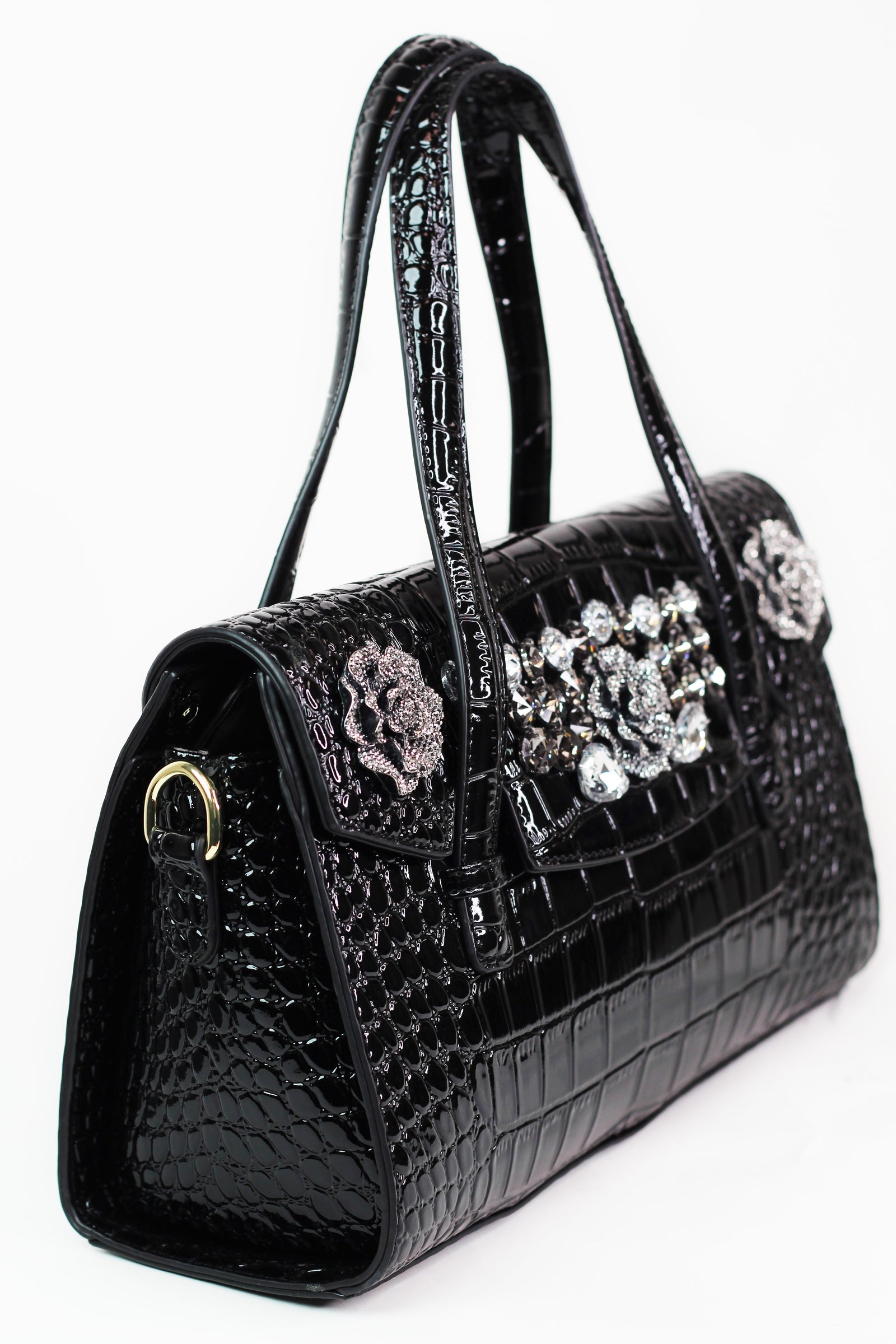 Faux Reptile Envelope Handbag w/ Rhinestone Floral Trim