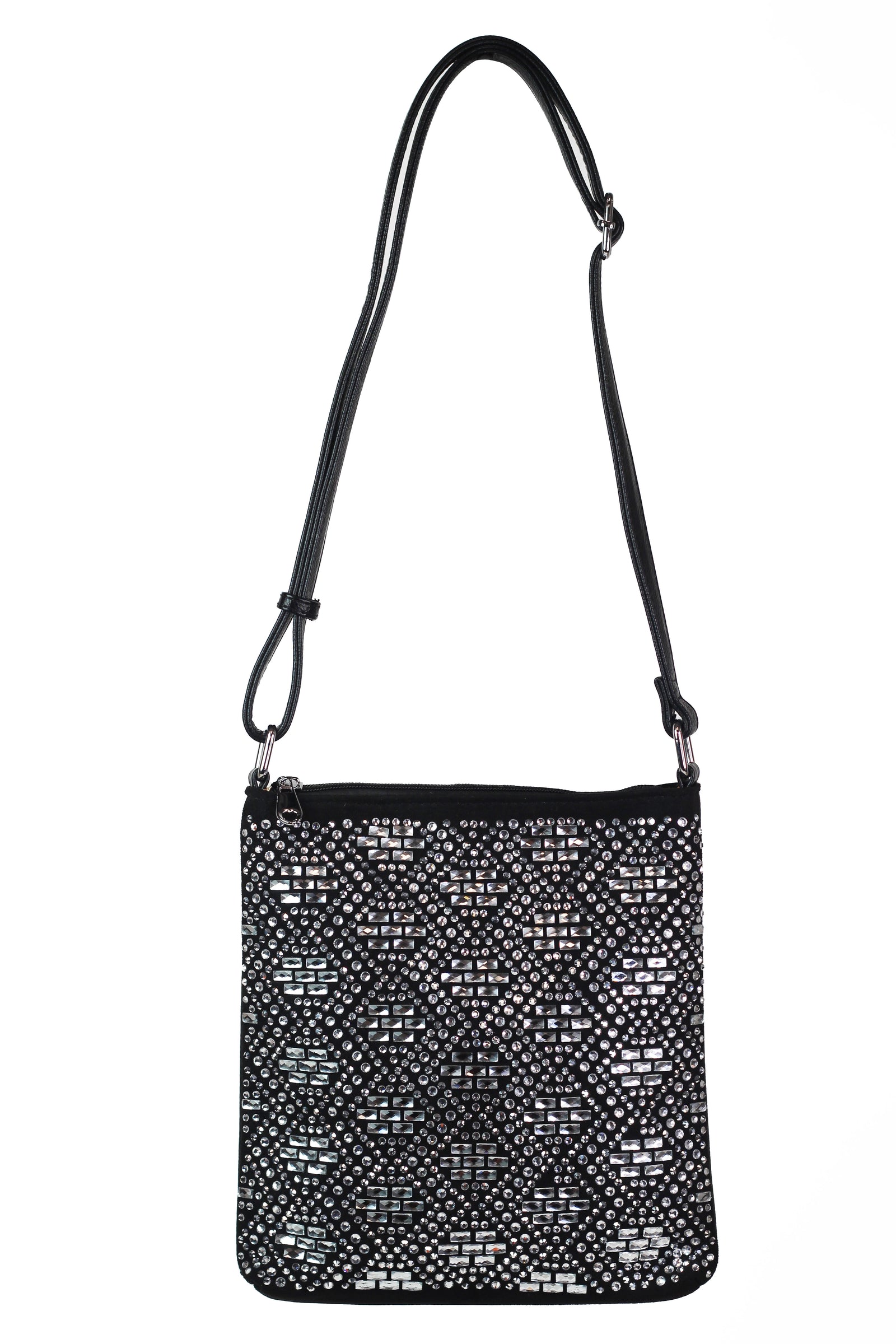 Diamond Shape Design Multi Sized Rhinestone Studded Accent Messenger Bag