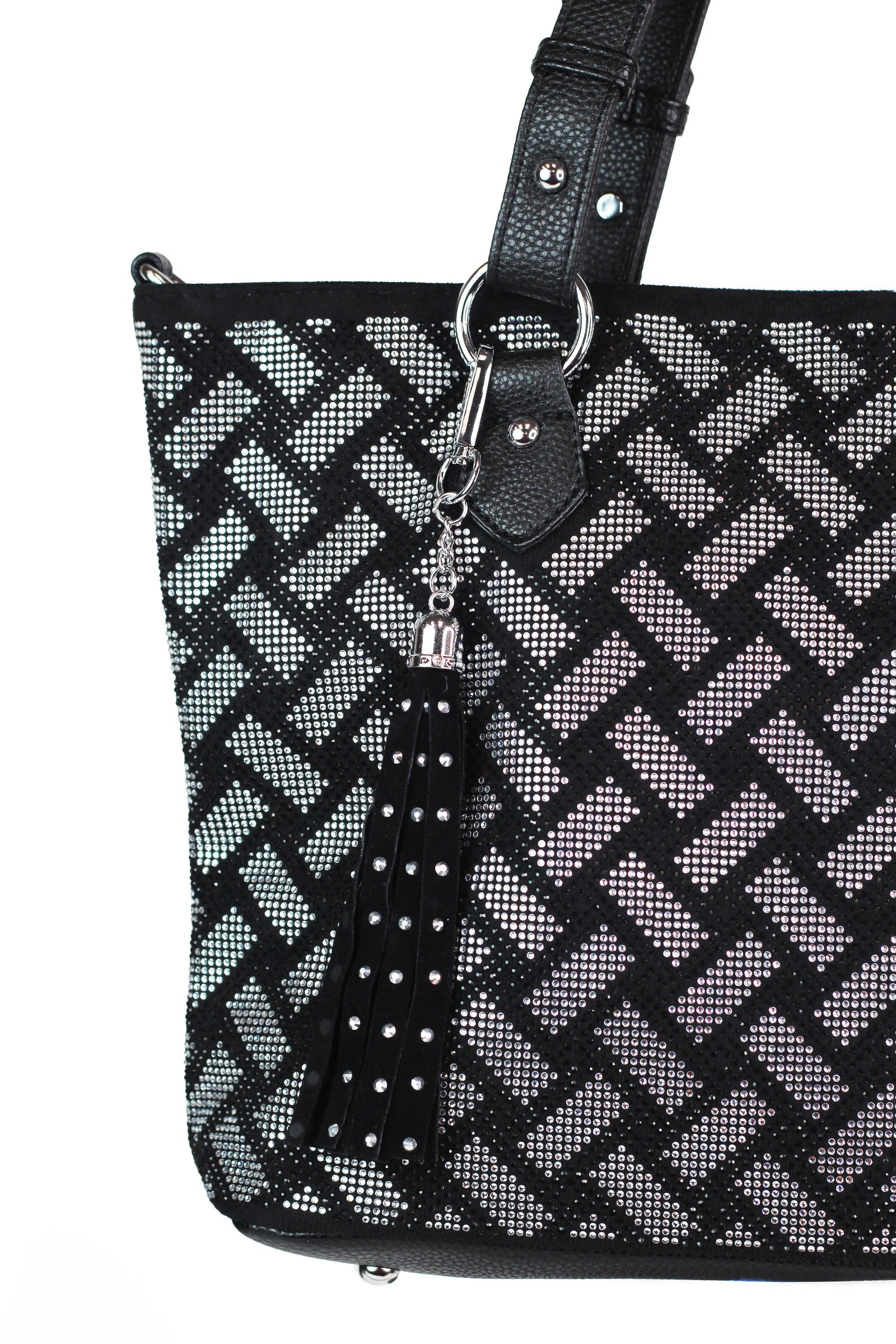 Woven Look Rhinestone Design Handbag w/ Tassel