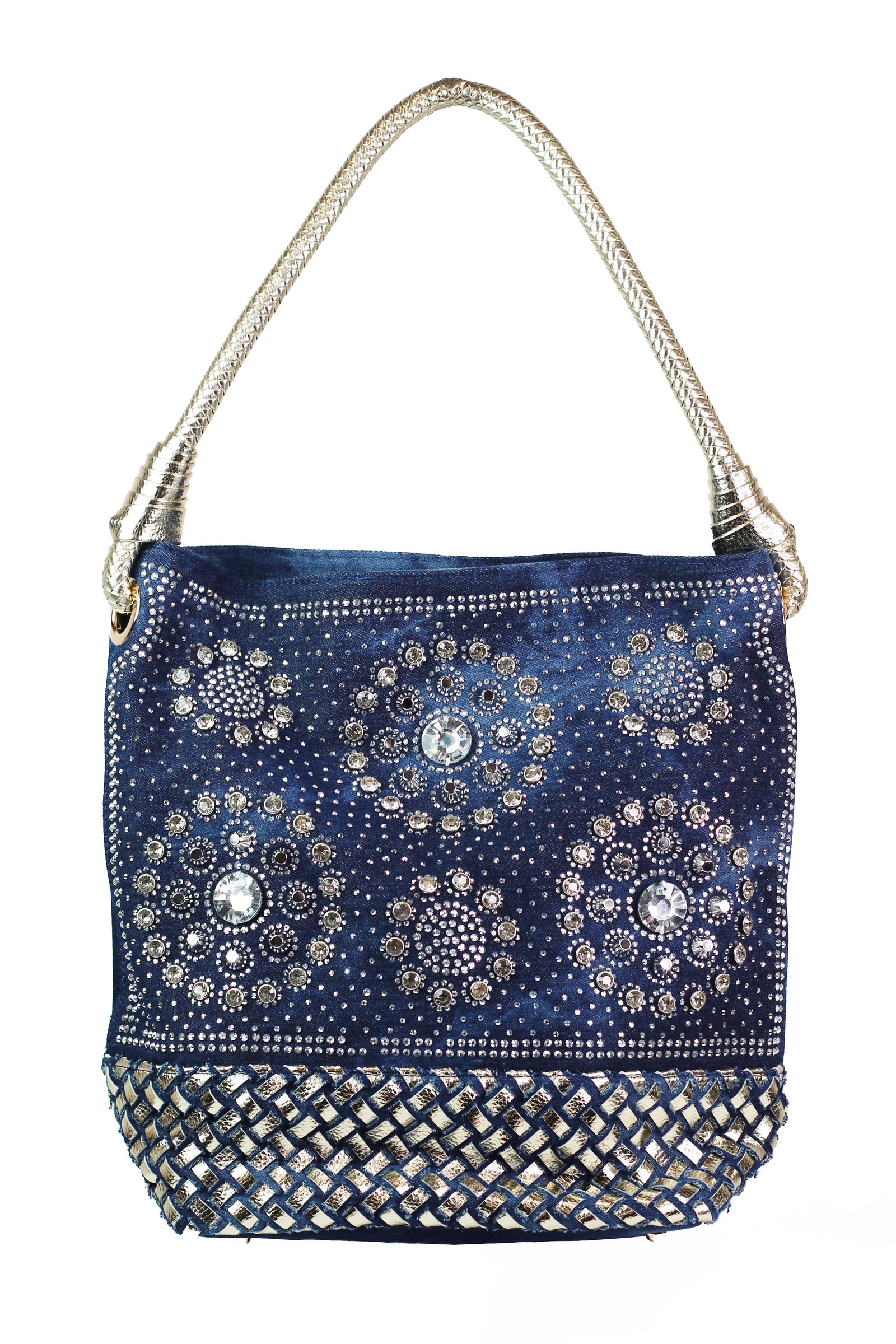 One Handle Denim Purse w/ Stone Circles & Woven Bottom