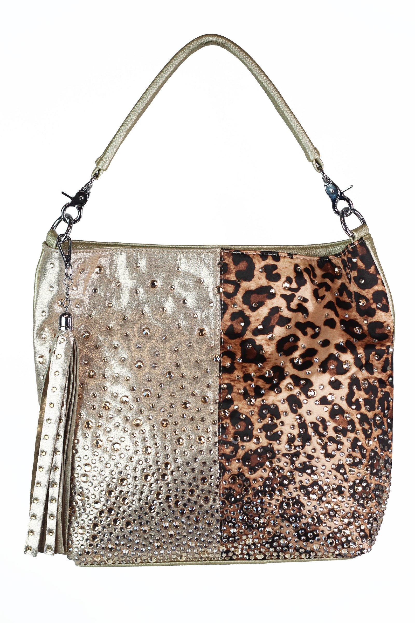 Half Leopard Half Shimmer Purse w/ Rhinestones & Tassel
