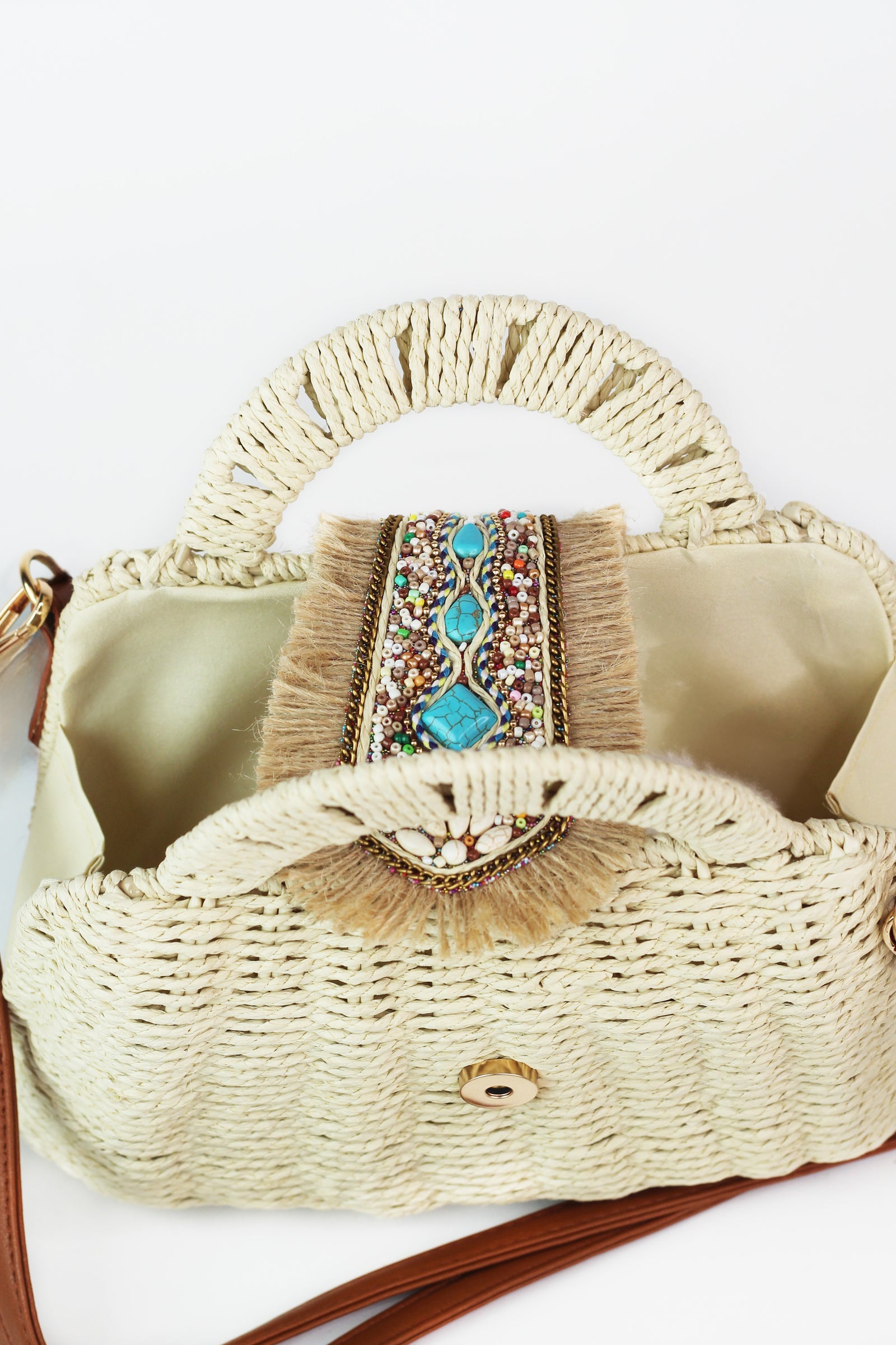 Boho Woven Straw Purse w/ Fringe & Bead Closure