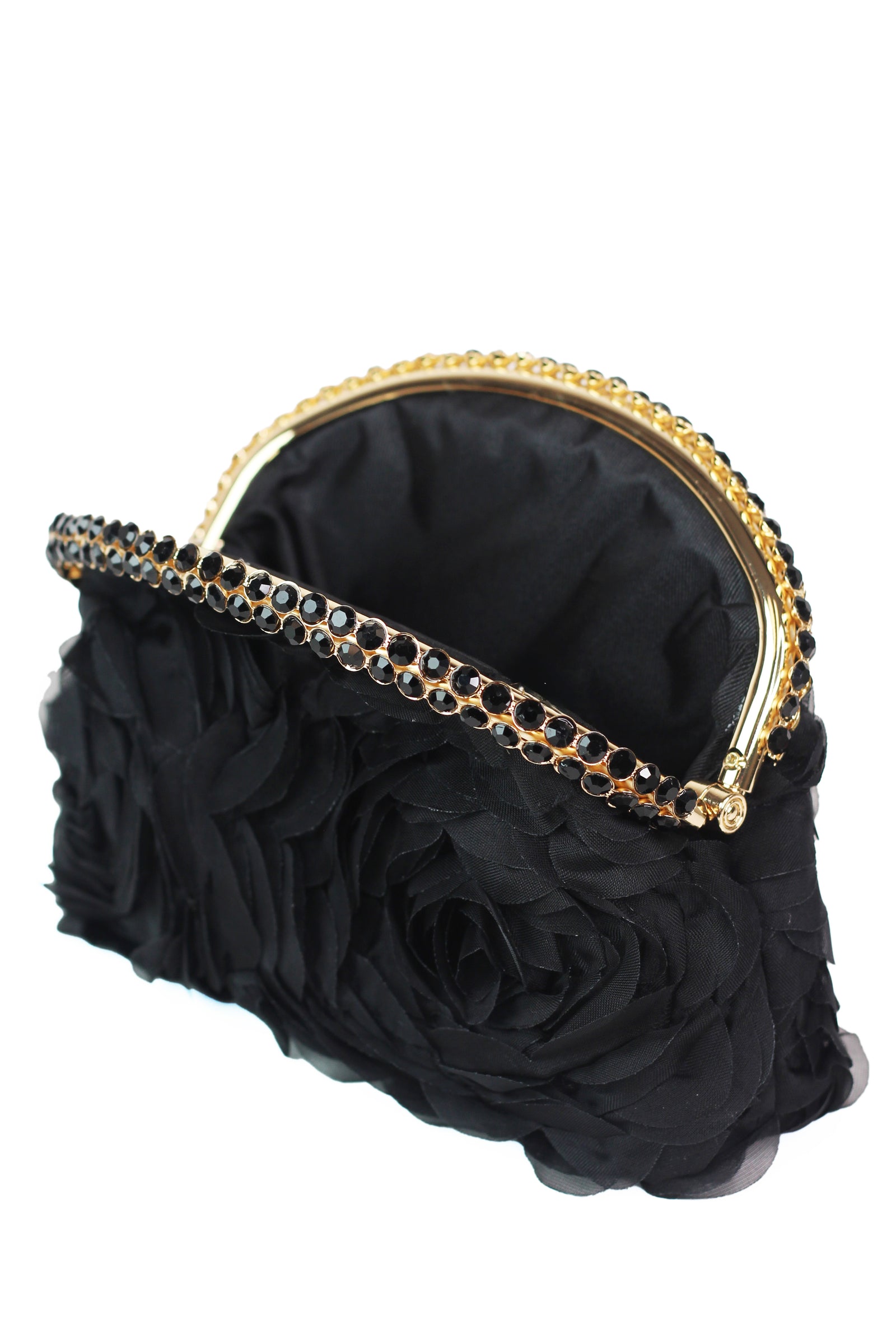 Floral 3D Fabric Clutch w/ Curved Rhinestone Closure