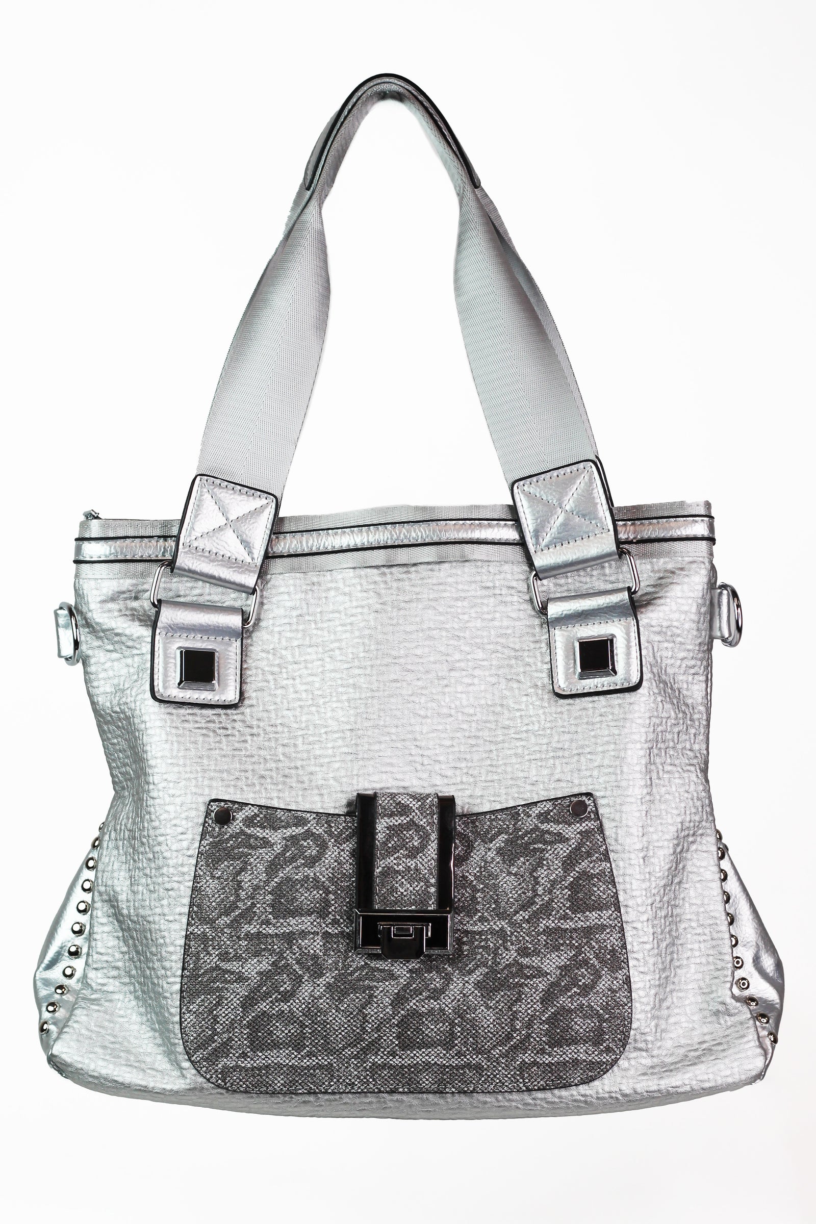 Textured Purse w/ Shimmer Snake Front Pocket & Nylon Straps