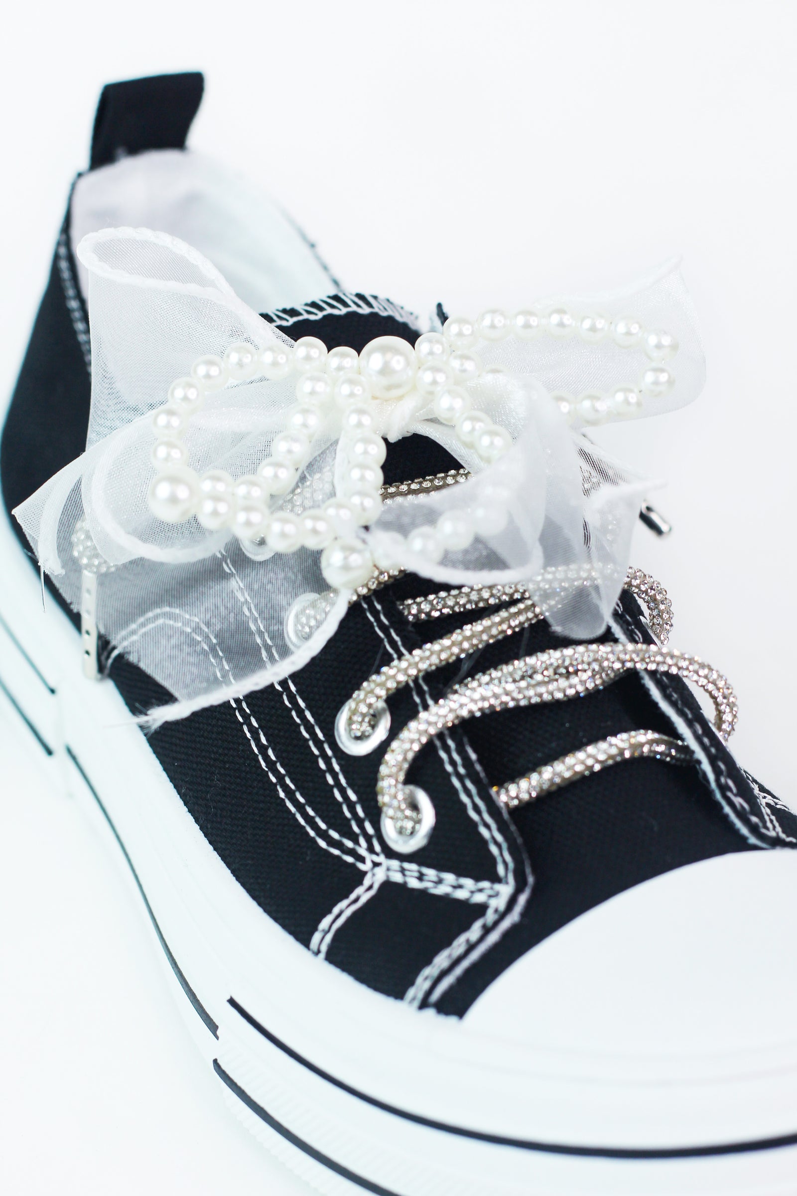 Canvas Sneakers w/ Rhinestone Shoe Laces & Pearl/Organza Bow