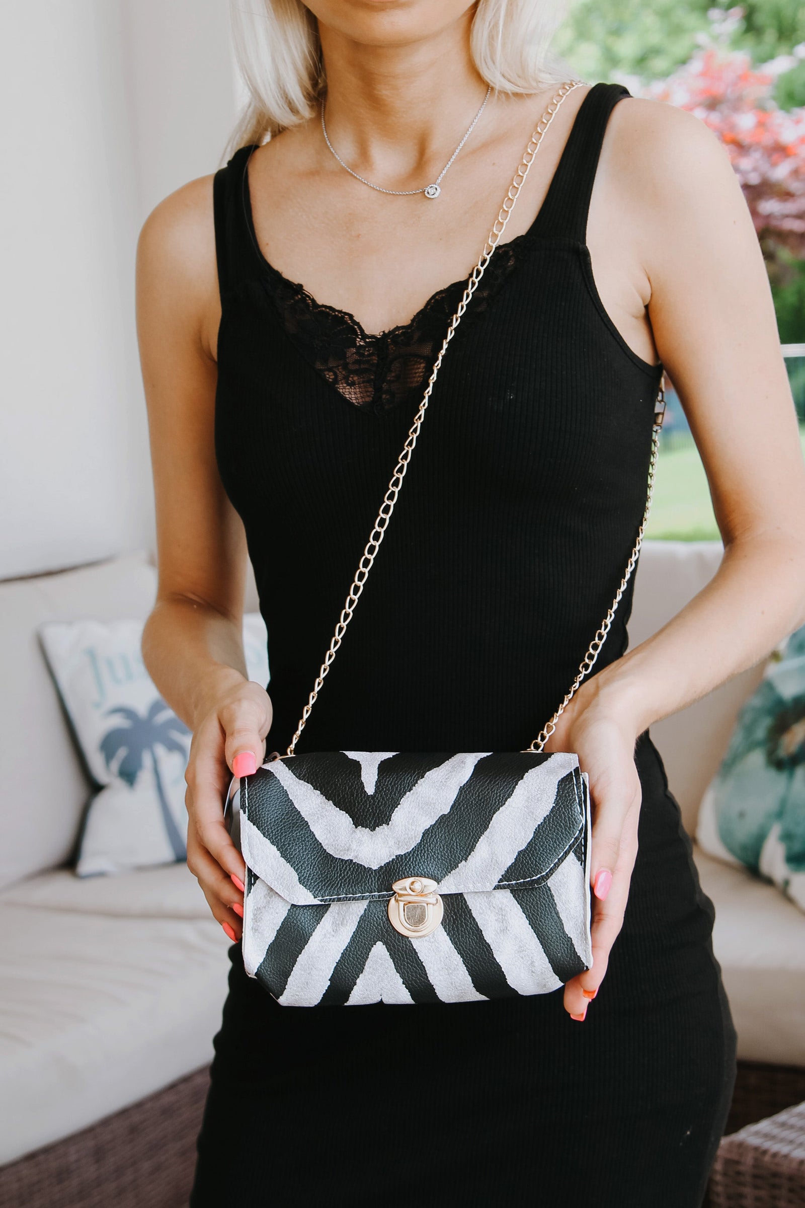 Printed Vinyl Crossbody Bag w/ Chain Strap