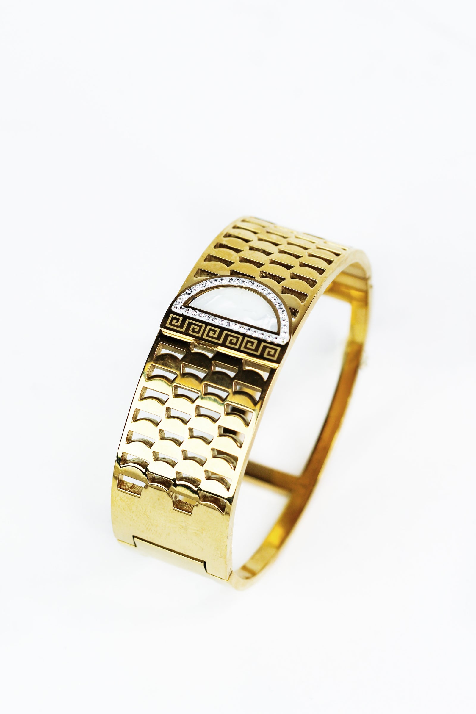 Textured Metal Bracelet With Rhinestone and Jewel Center