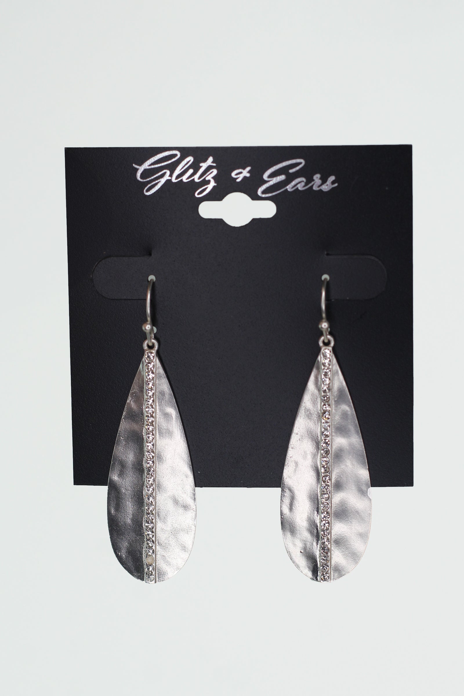 Hammered Metal Teardrop & Pave Line Dangling Earrings