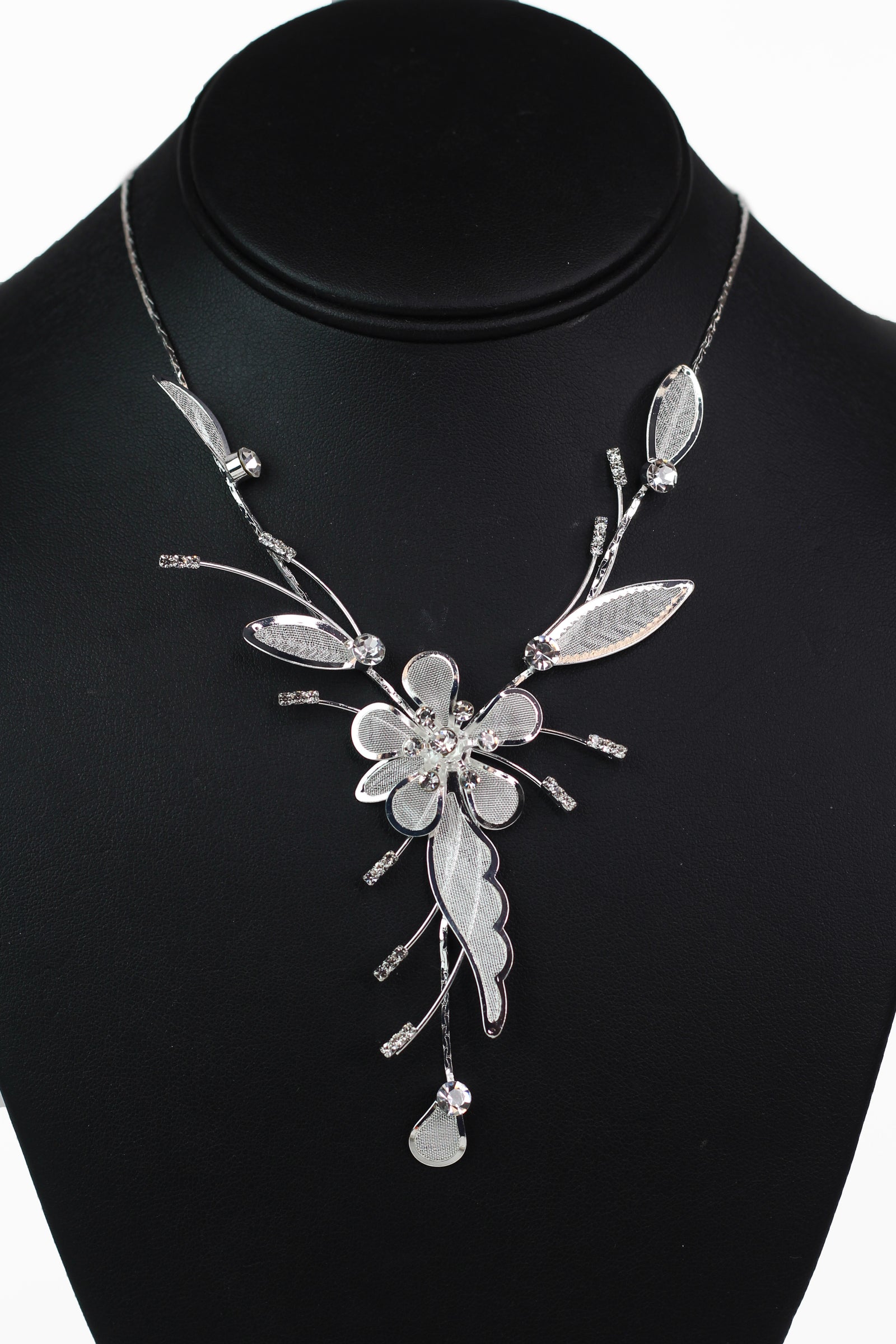 Metal Mesh Flower & Leaves Necklace w/ Rhinestone Accents