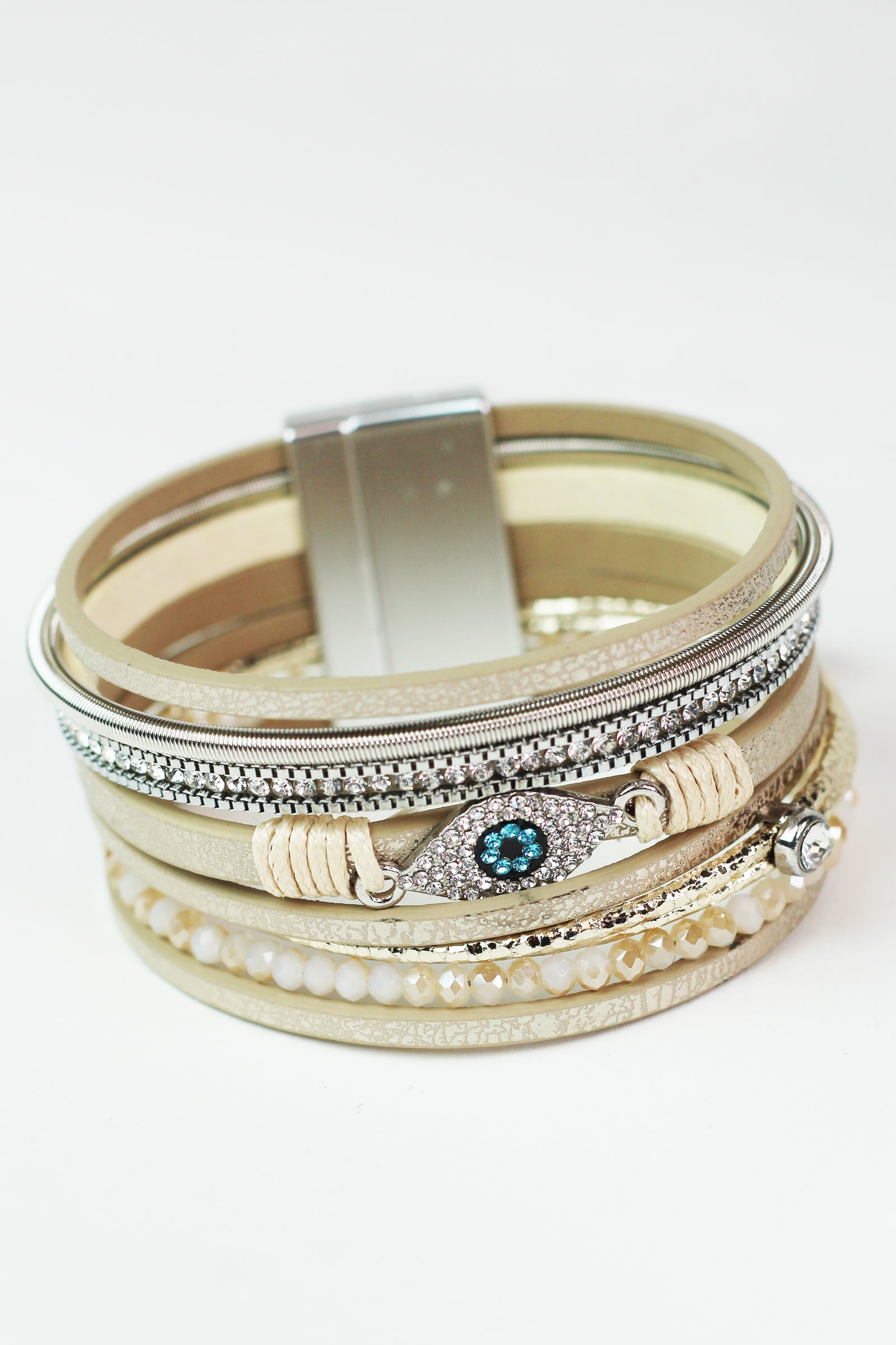 Wide Stones Beads & Strips & Pave Evil Eye Magnetic Bracelet