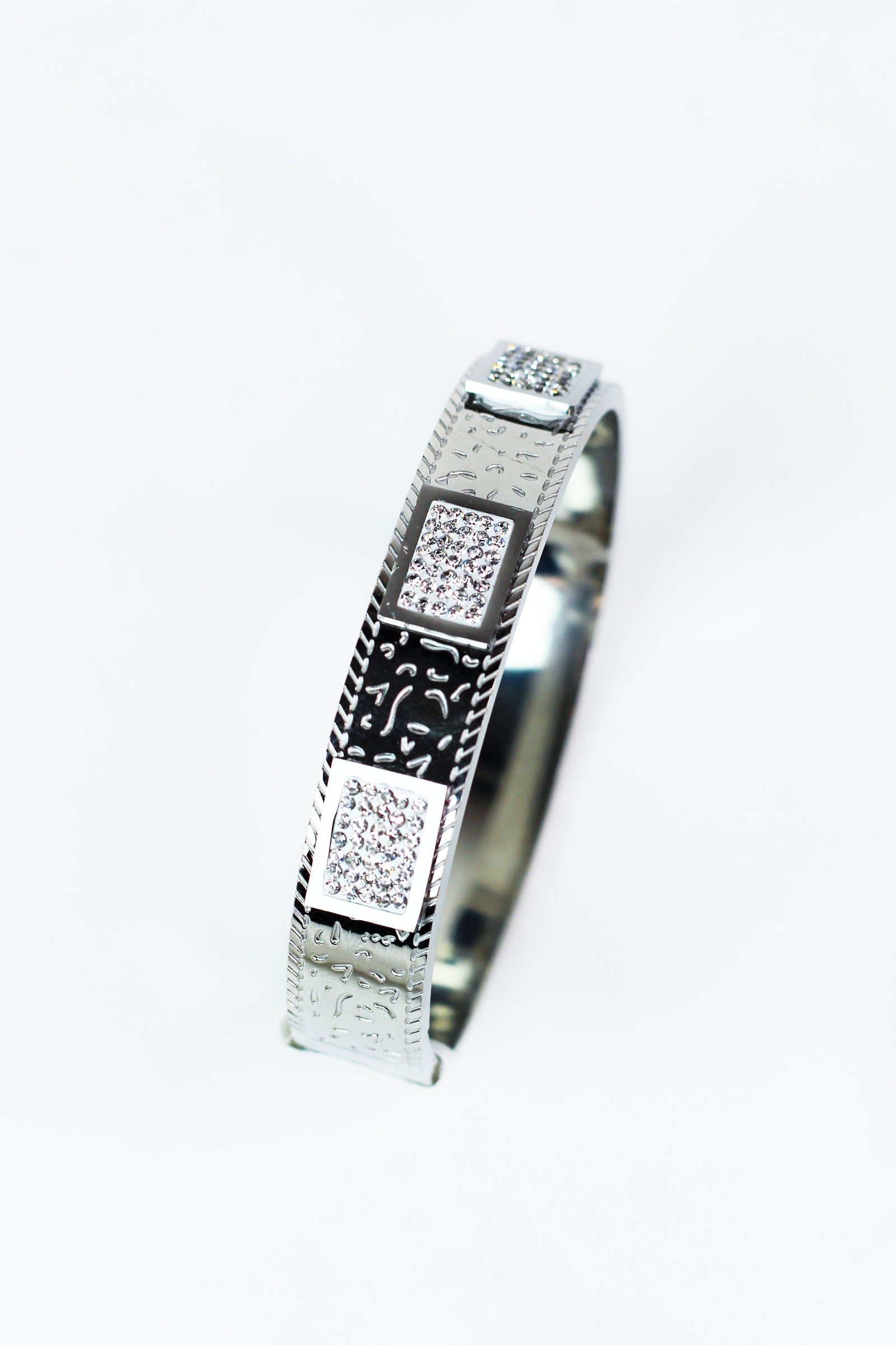 Pave Squares & Engraved Metal Bangle Bracelet