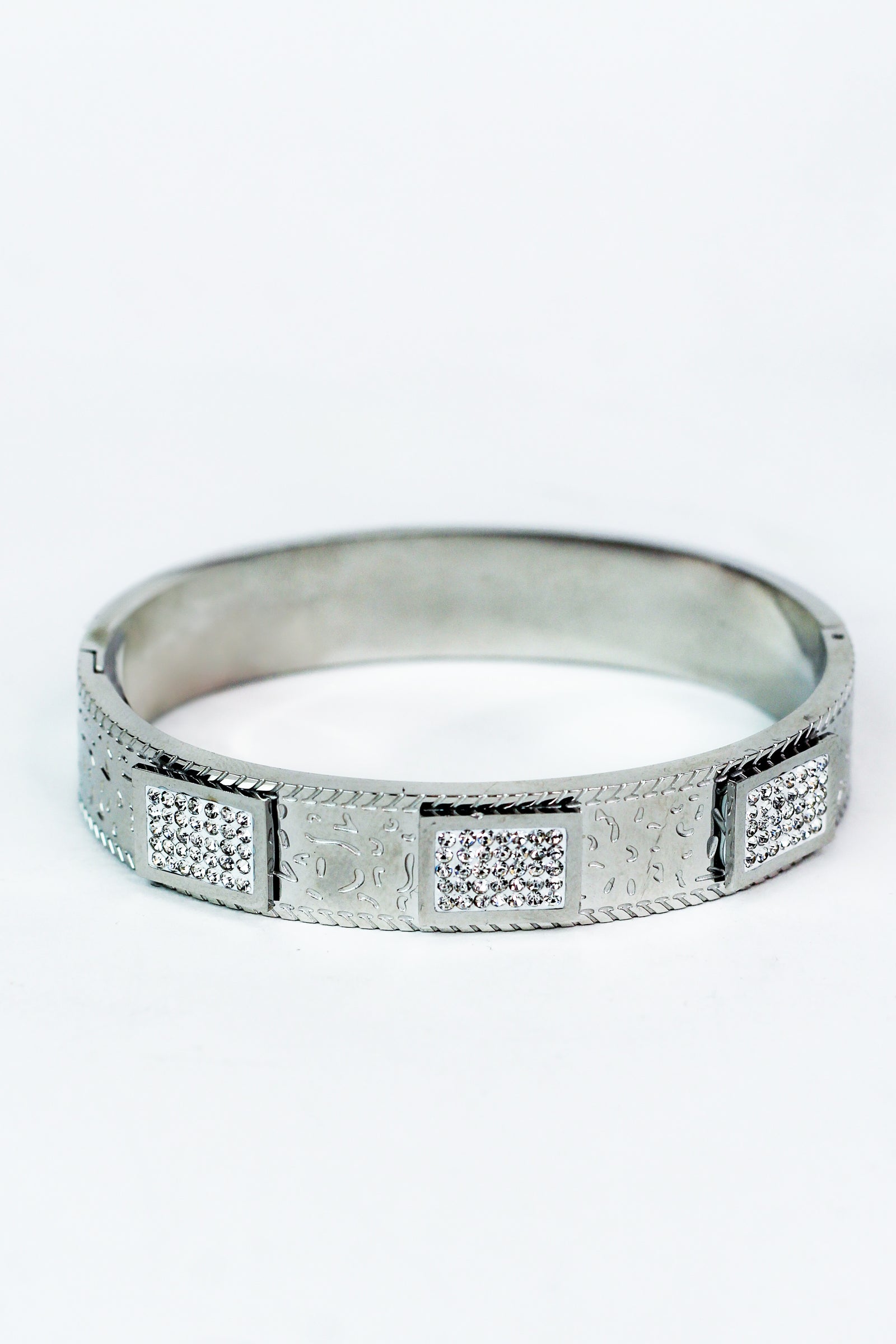 Pave Squares & Engraved Metal Bangle Bracelet