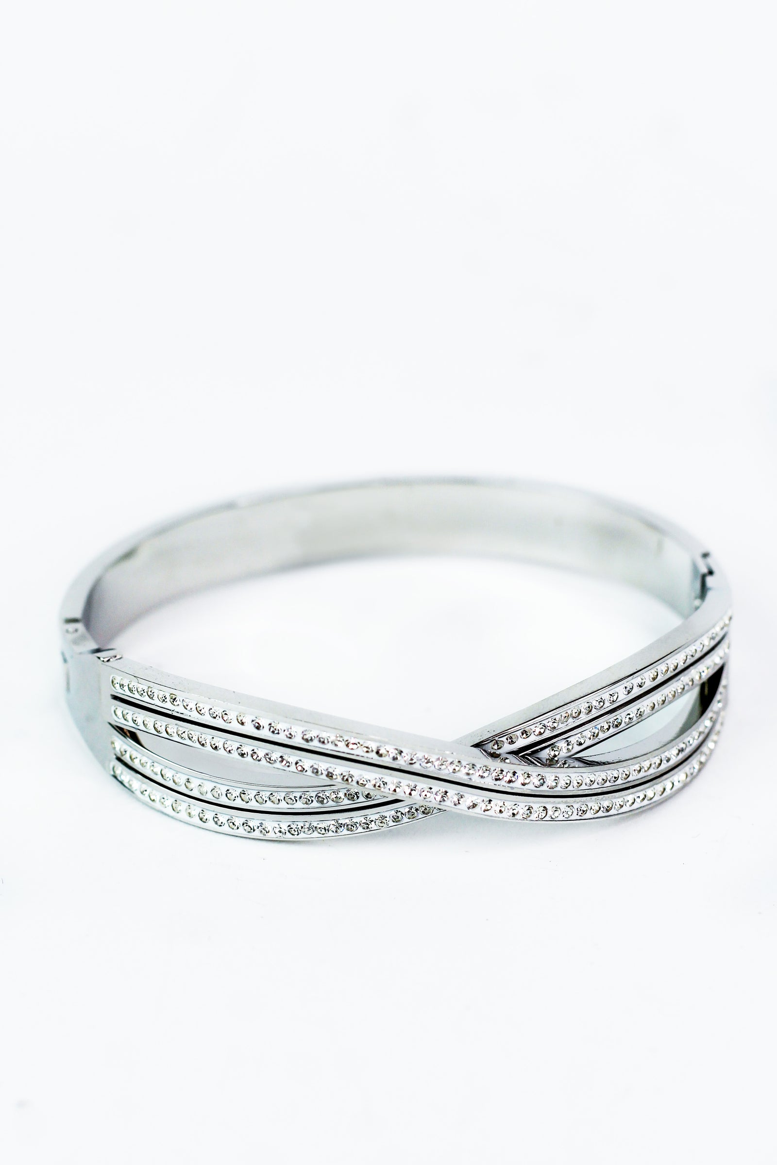 Two Row Pave & Metal Criss Cross Bangle