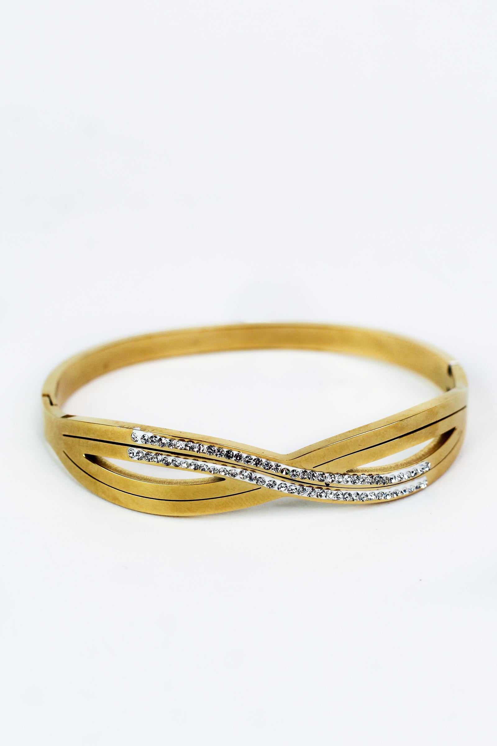 Two Row Pave & Metal Criss Cross Bangle