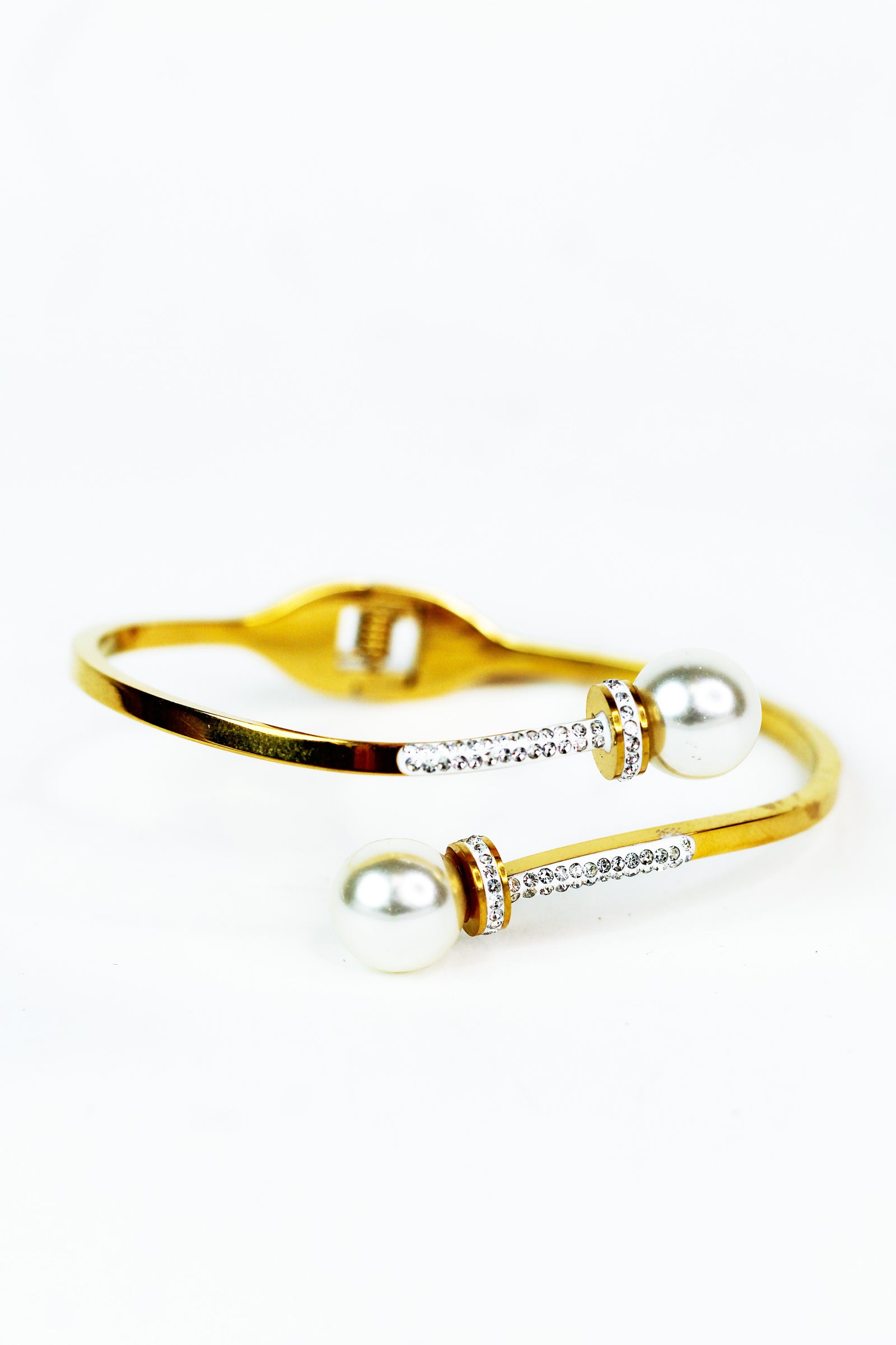 Metal Bangle w/ Pearl & Round Pave Ends