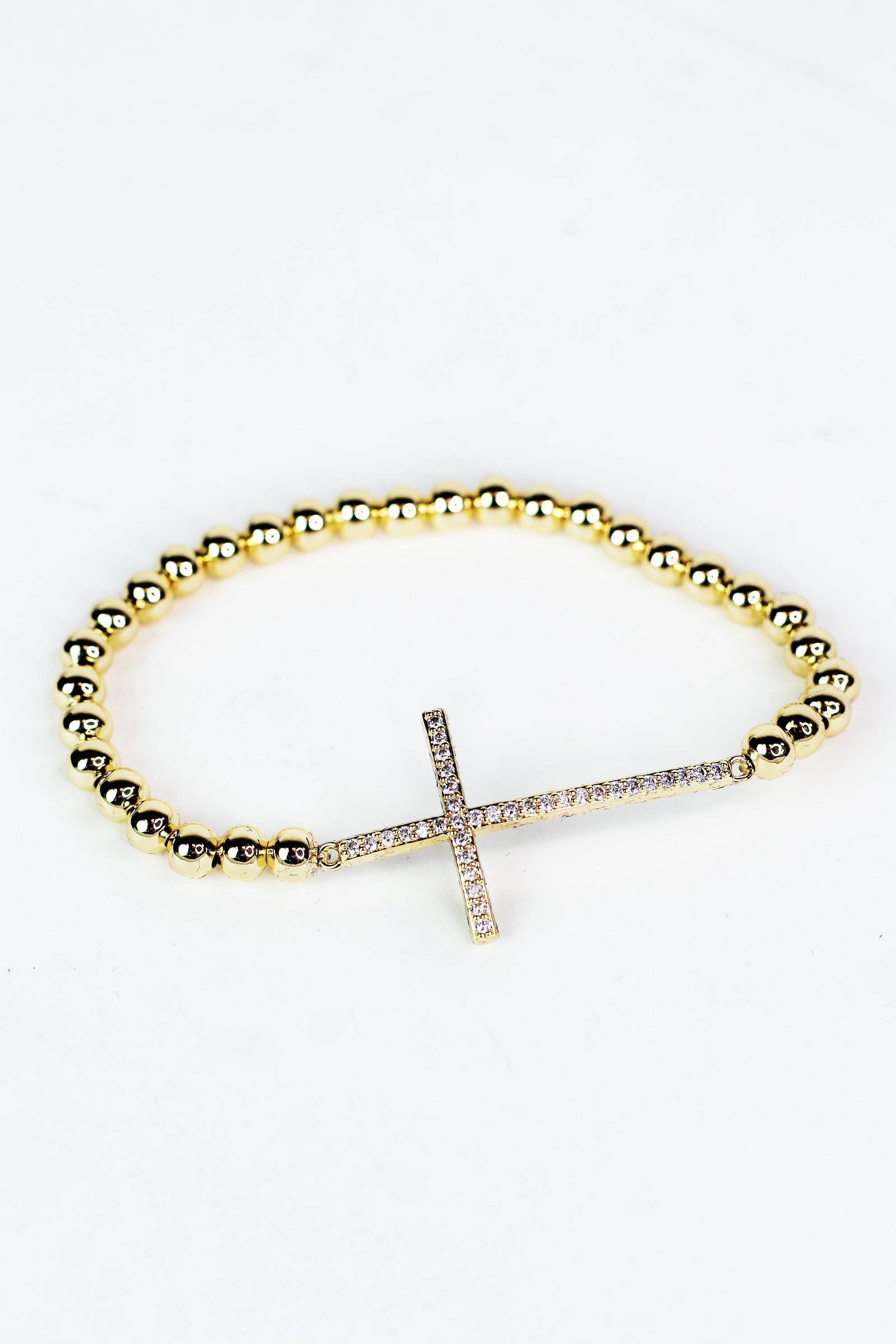 Round Bead & Sideways Pave Cross Stretch Bracelet