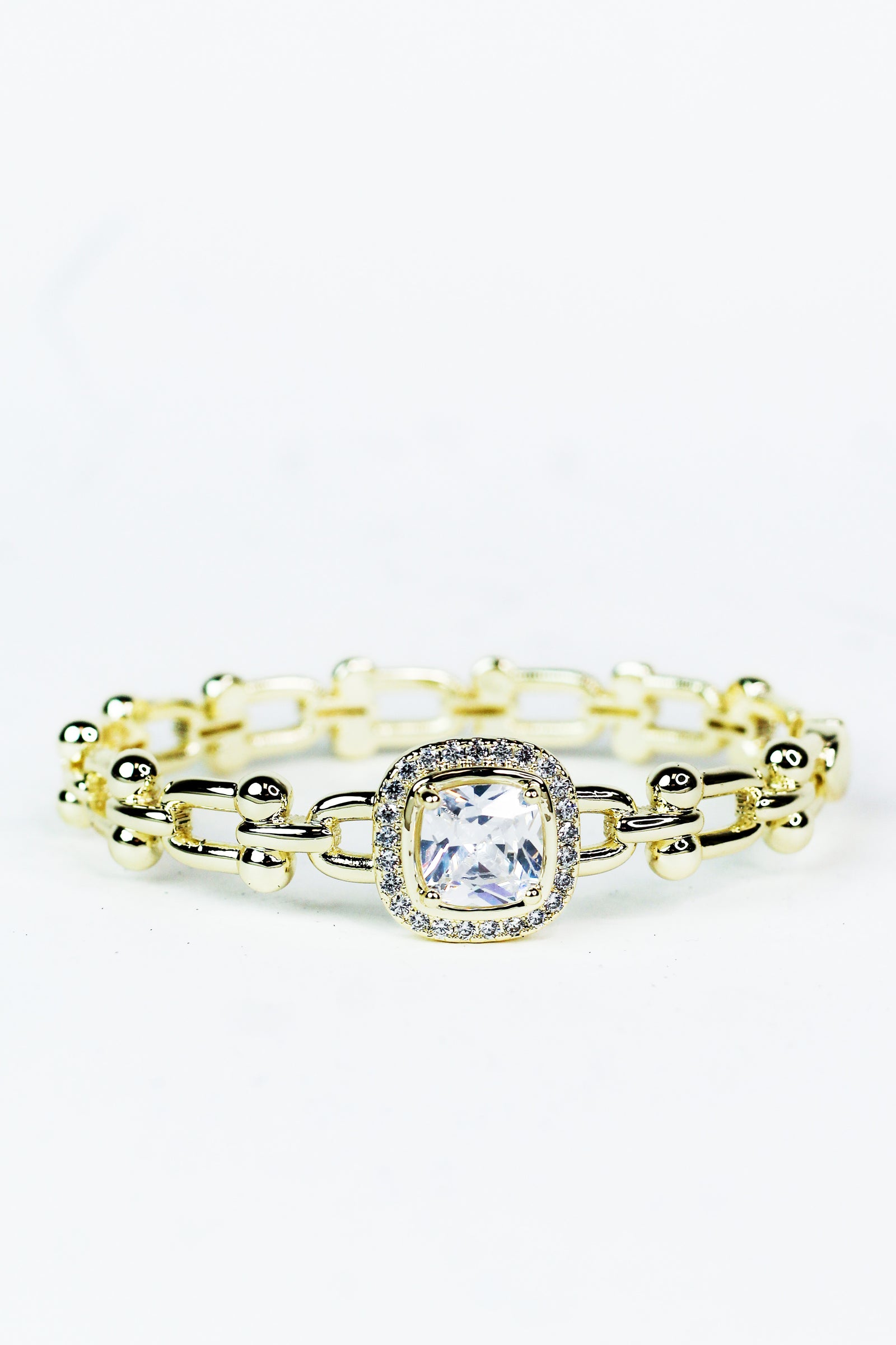 Ball Link Cuff Bracelet w/ Square Pave Trimmed Center Stone