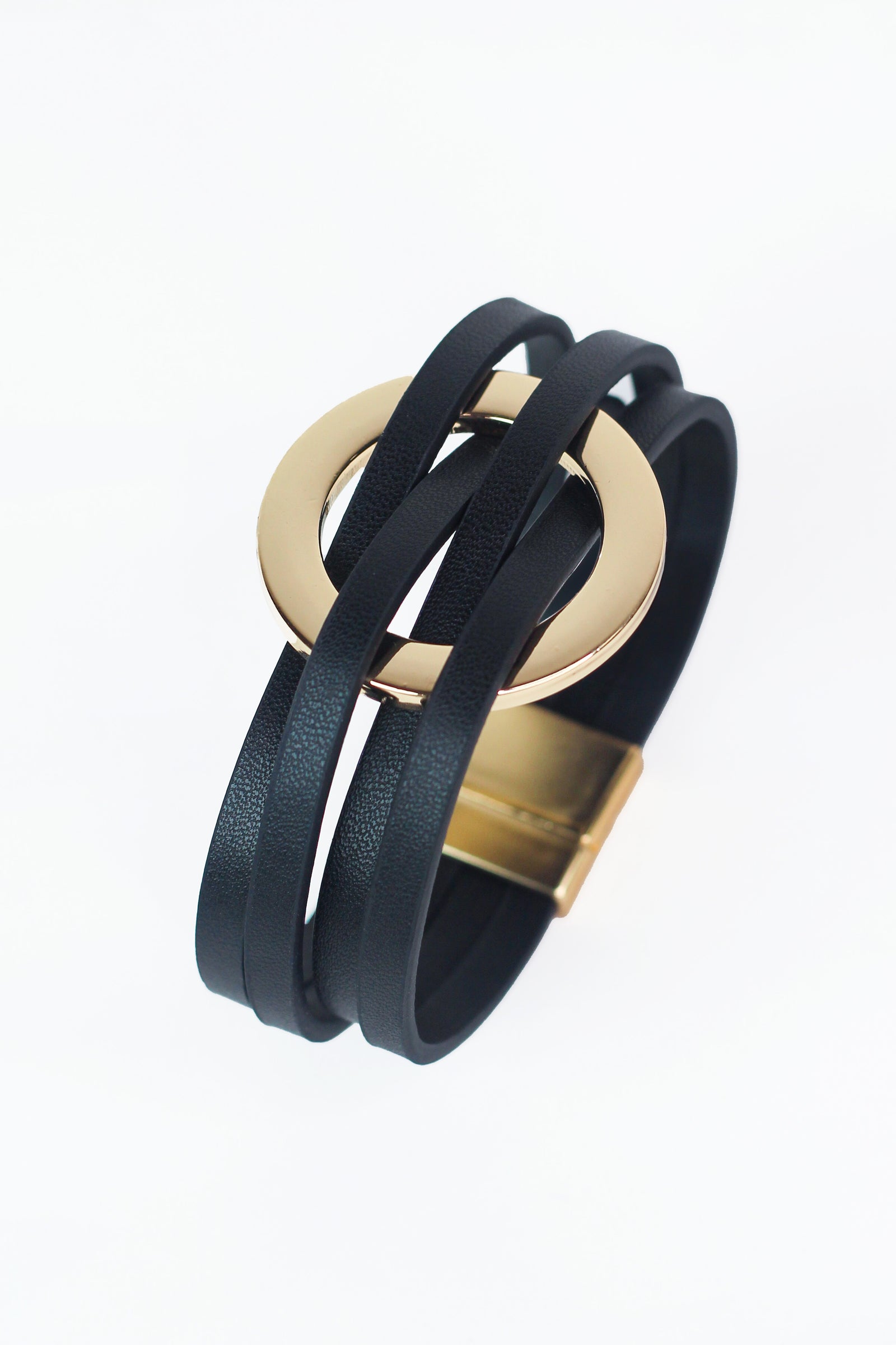 Faux Leather Strips & Metal Circle Magnetic Bracelet