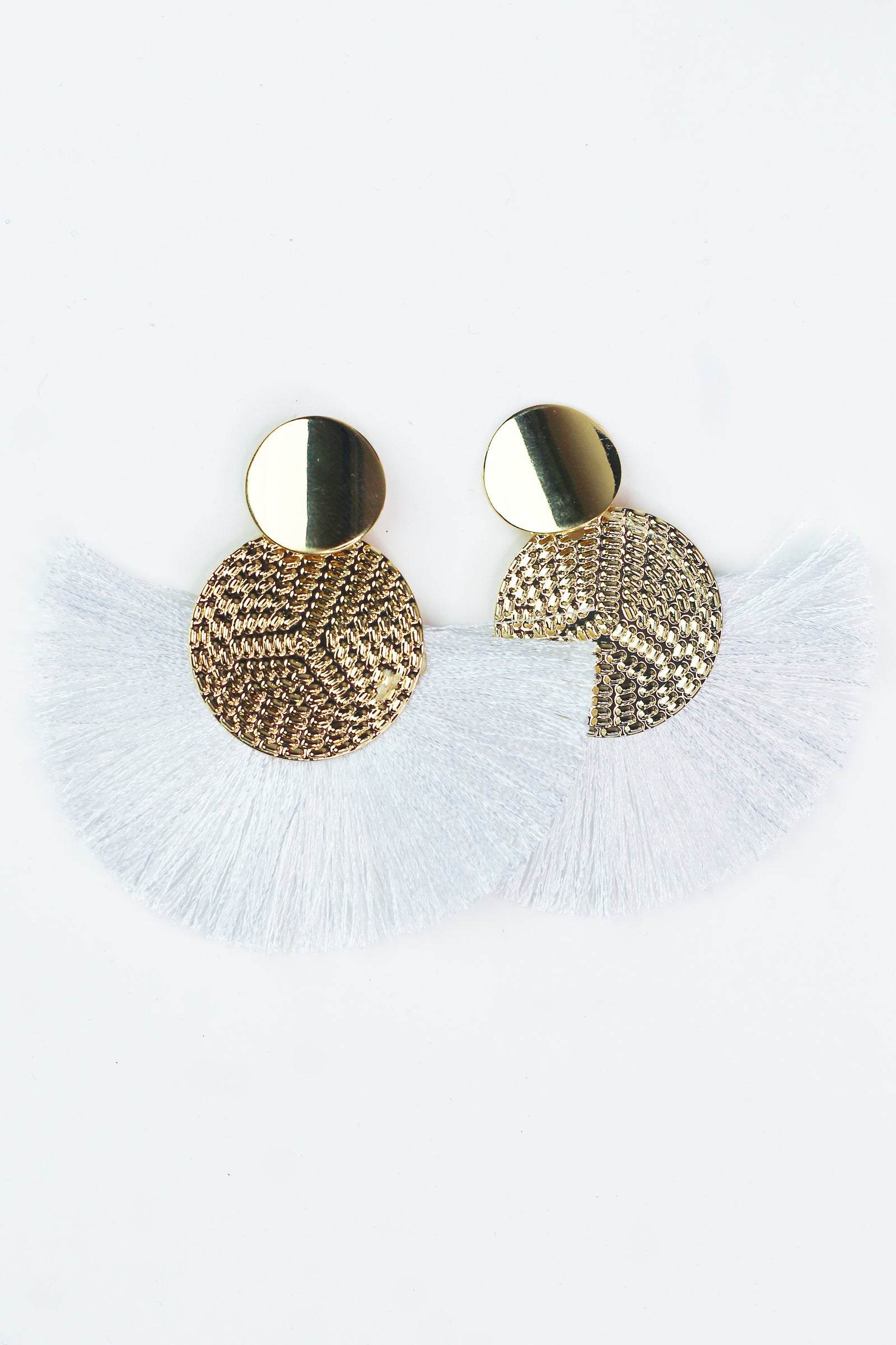 Textured Metal Circle & Fringe Fan Earrings
