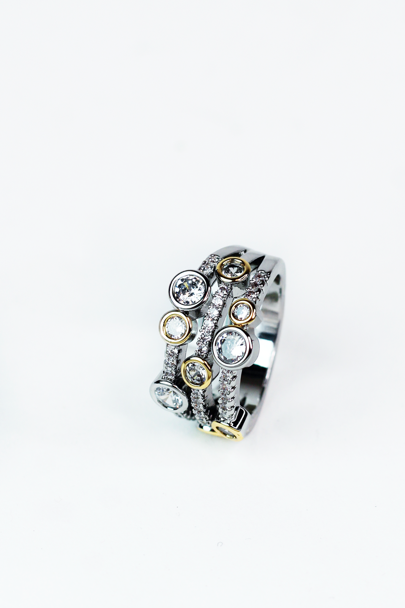 Two Toned 3 Row Pave & Stone Ring