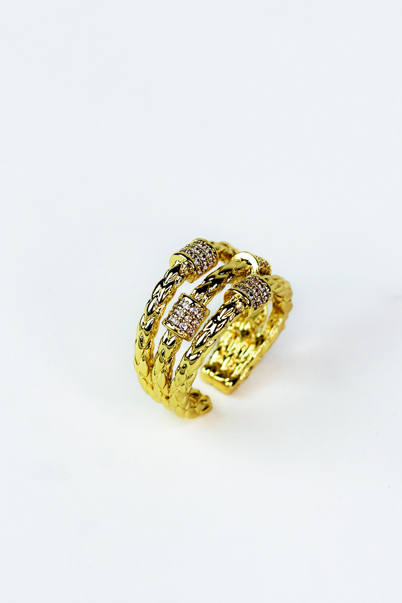 Textured 3 Row Ring w/ Pave Barrel Accents