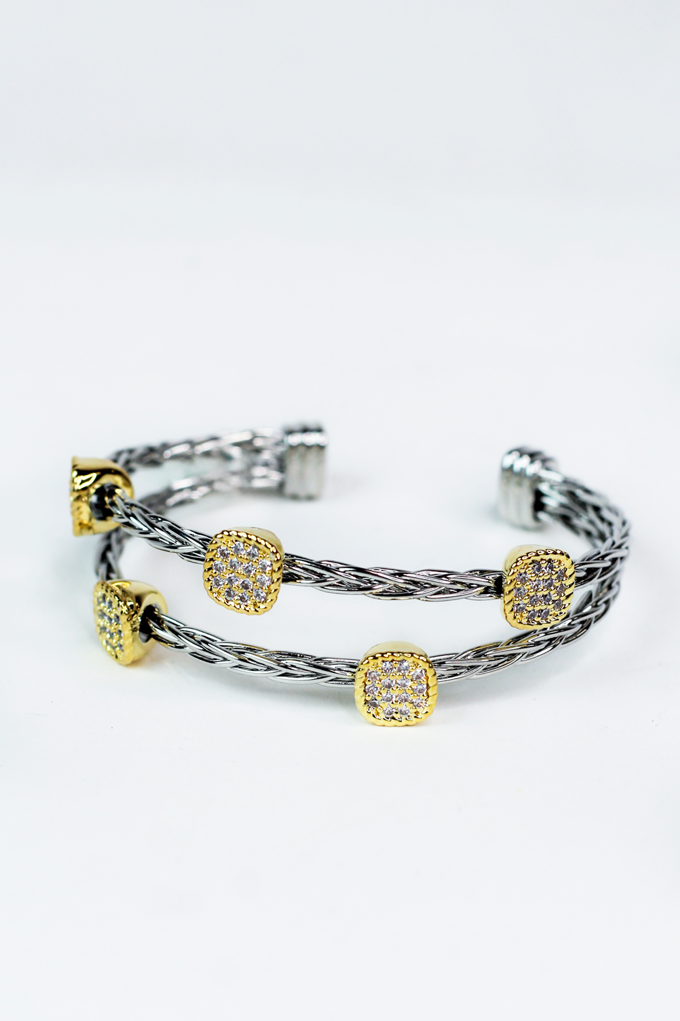 Two Row Braided Cuff w/ 2 Tone Pave Square Accents