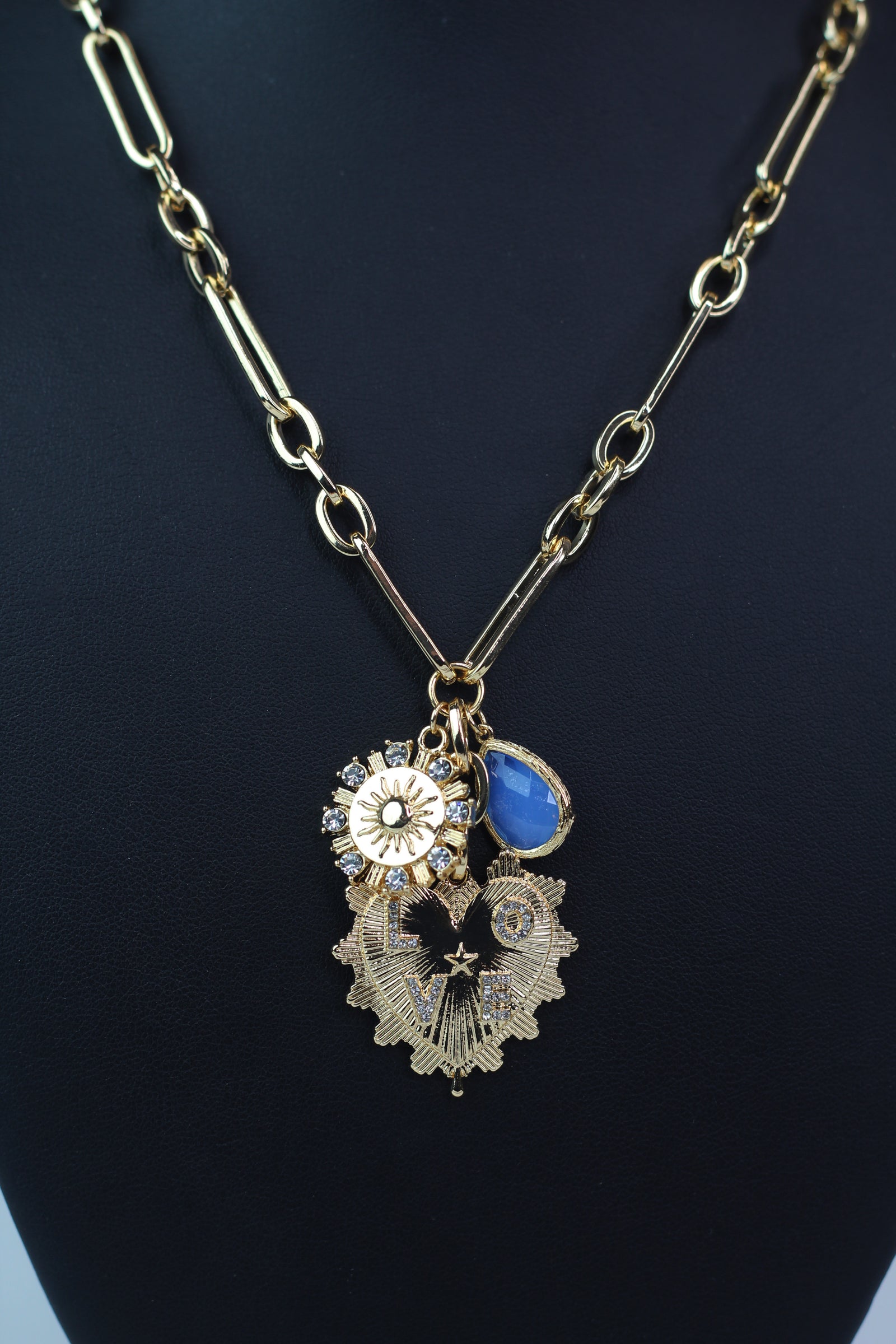 "Love" Heart Blue Stone & Coin Charms Necklace