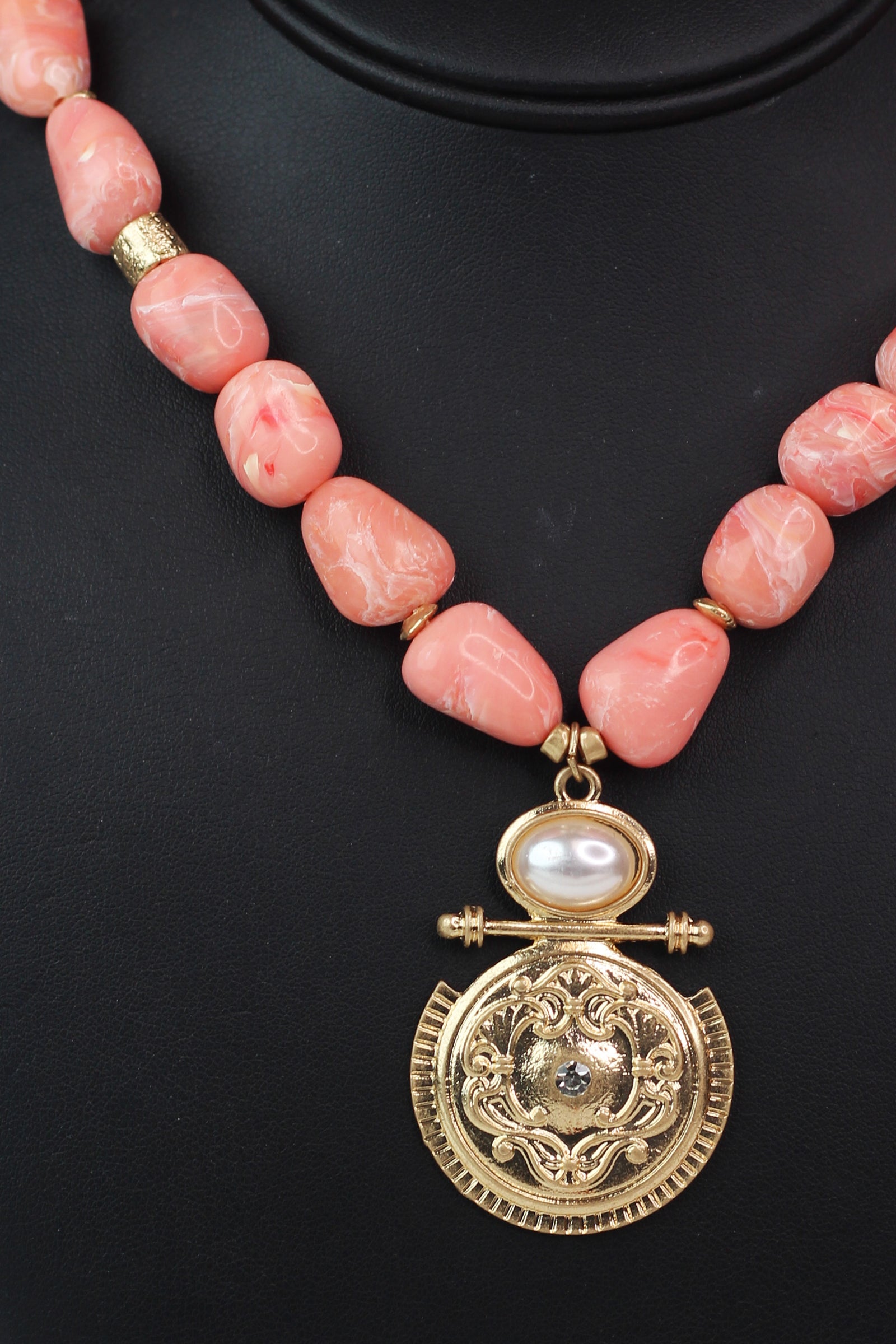 Bead Necklace w/ Embossed Gold & Pearl Pendant