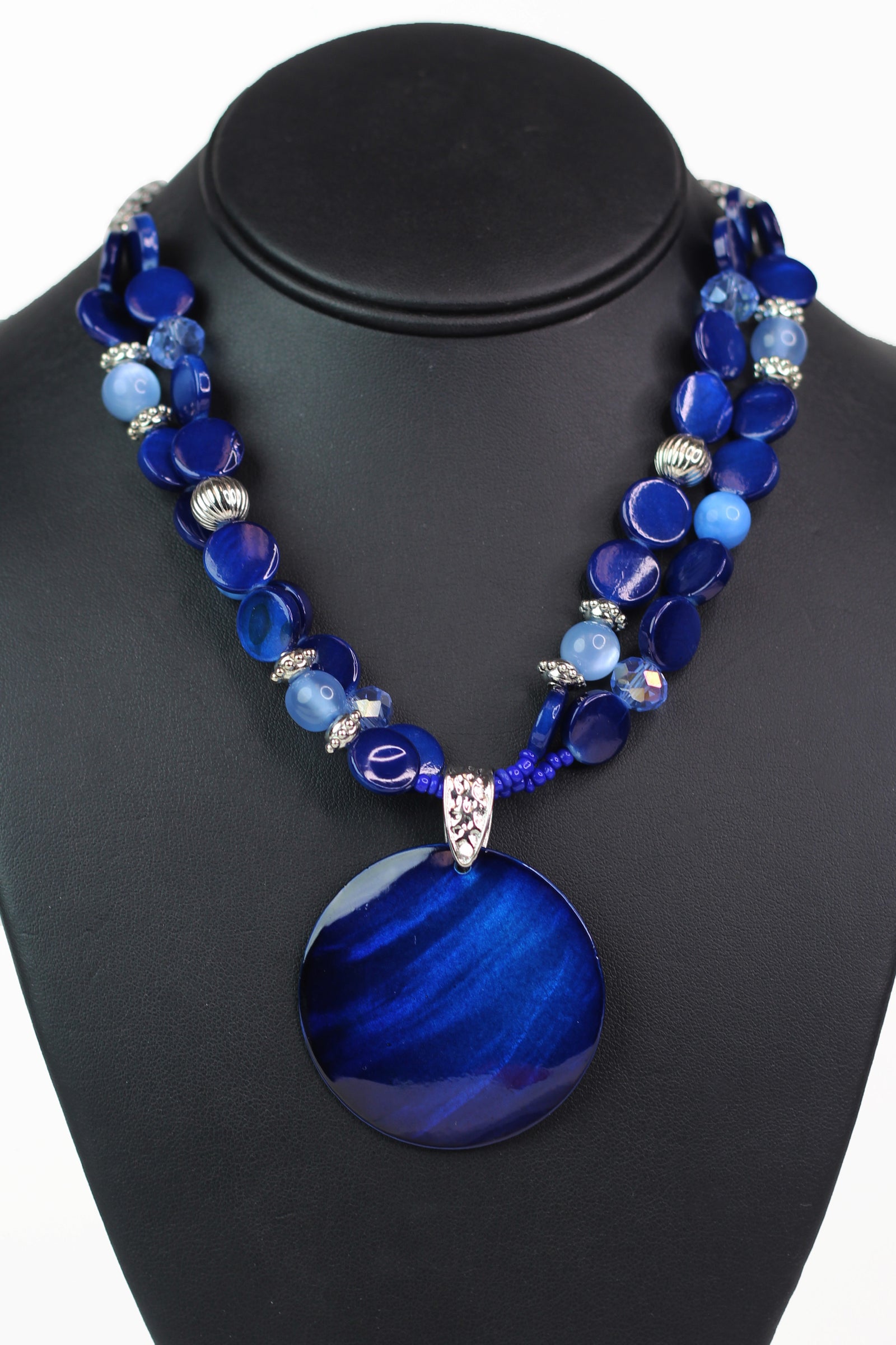 Two Strand Beaded Necklace w/ Round Shell Pendant