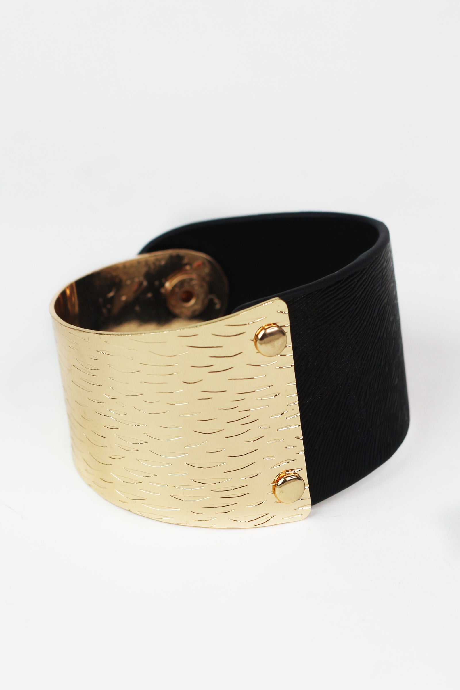 Half Metal Half Faux Leather Textured Wide Cuff