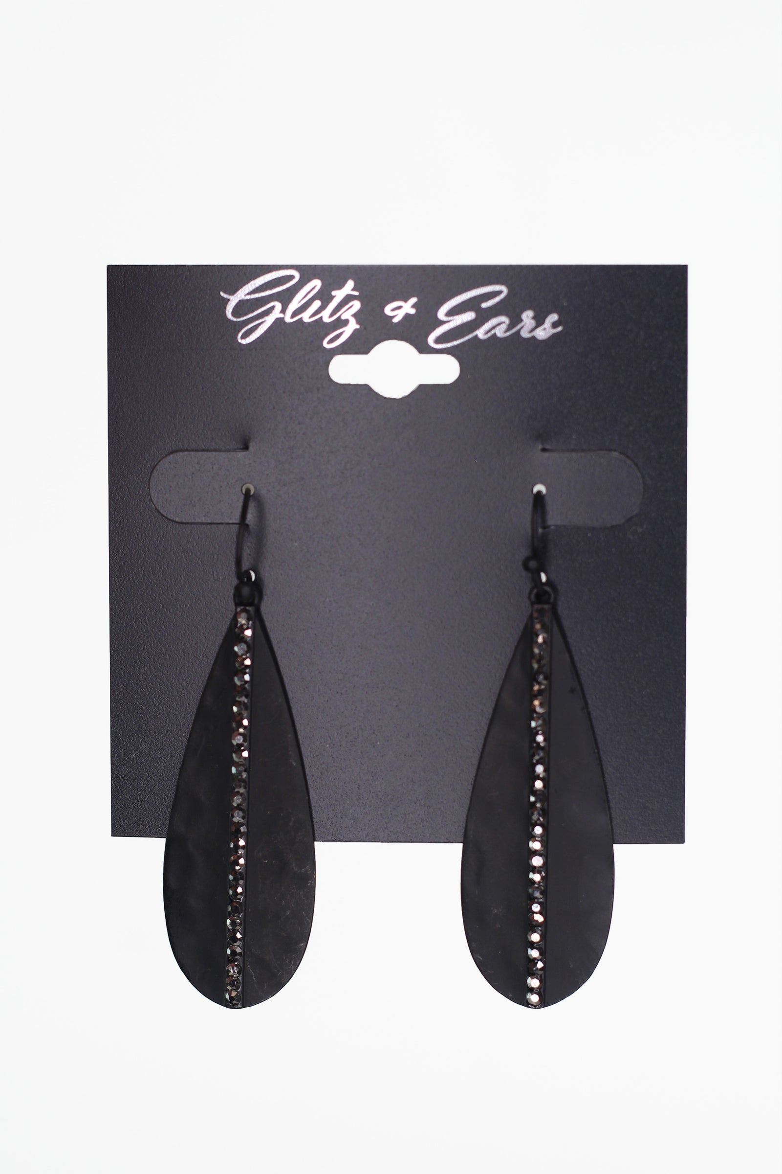 Hammered Metal Teardrop & Pave Line Dangling Earrings
