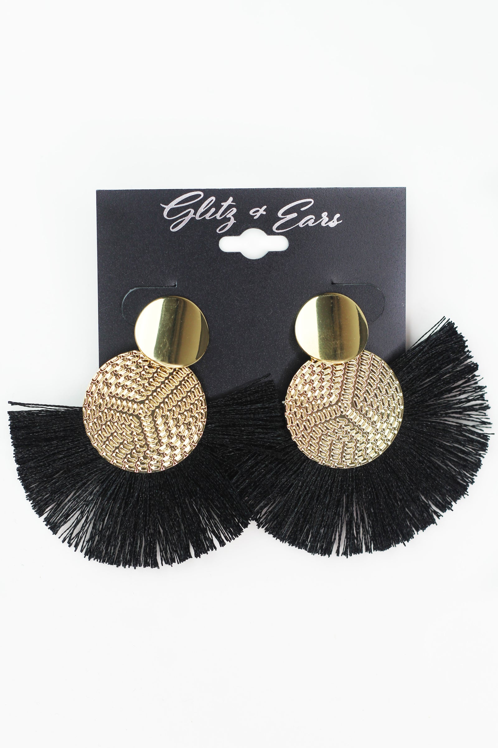 Textured Metal Circle & Fringe Fan Earrings