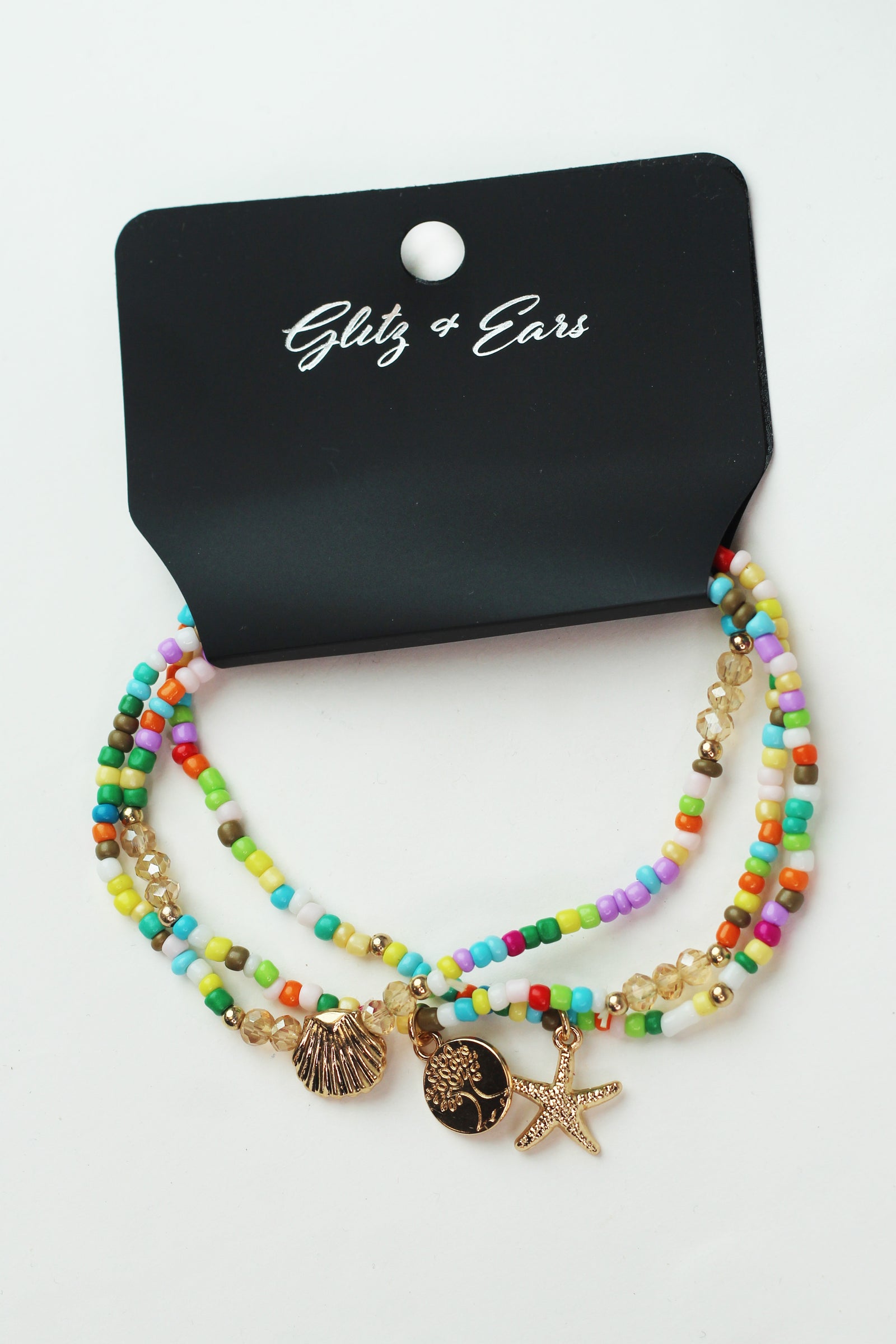 3pc Stretch Beaded Anklets Set w/ Starfish Shell & Tree Charms