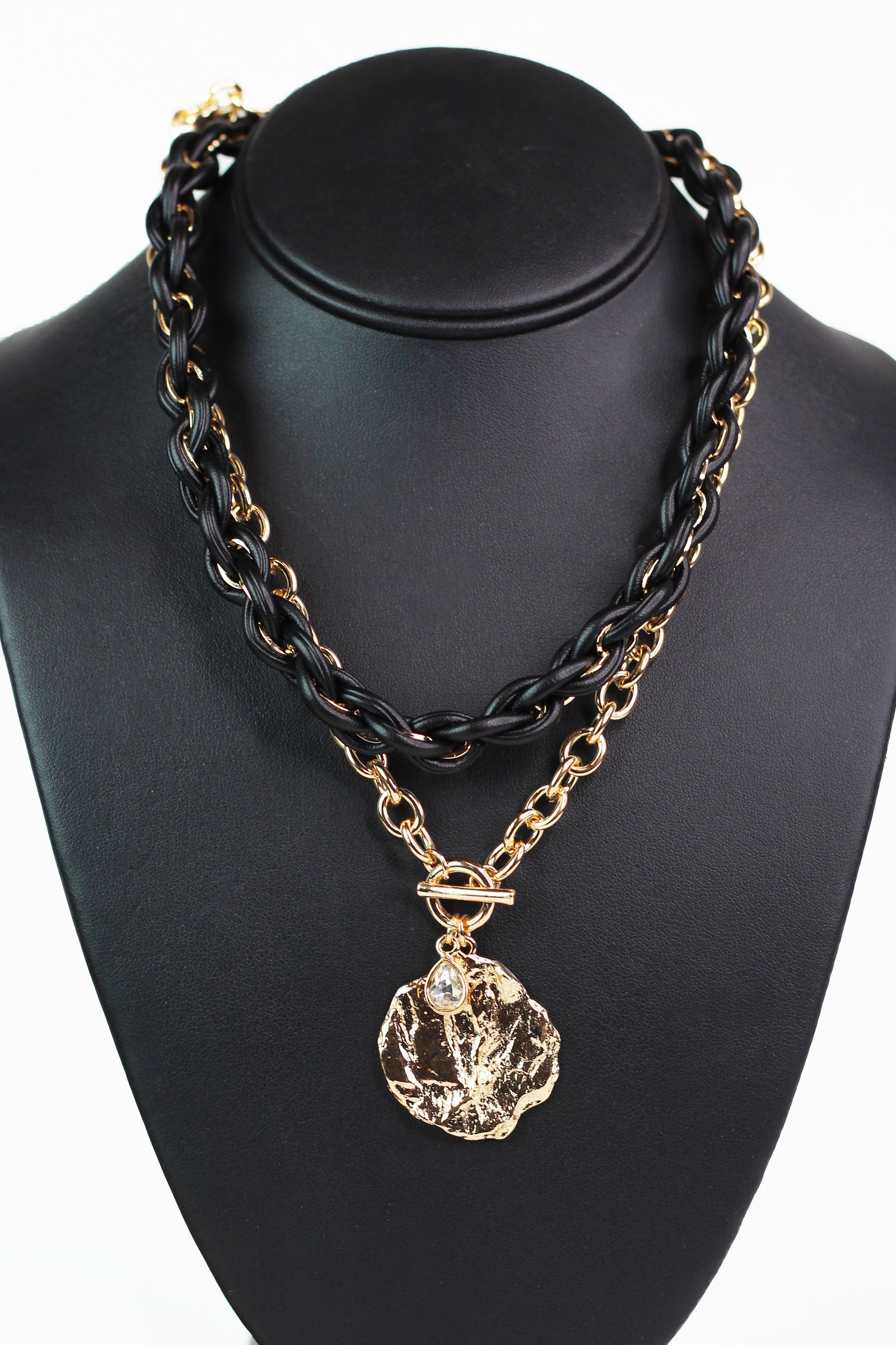 Faux Leather & Chain Toggle Necklace w/ Circle & Rhinestone Charms