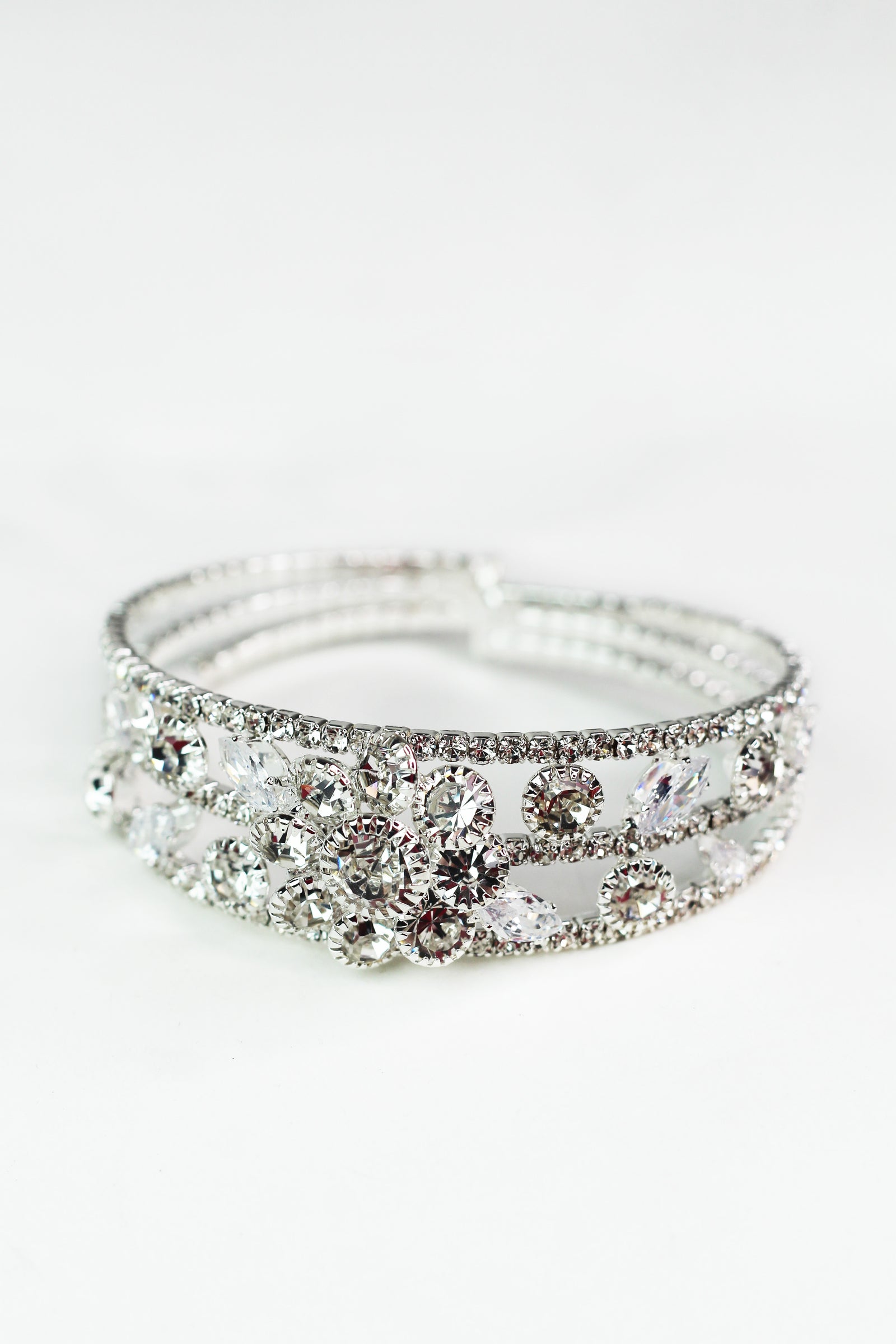 3 Row Rhinestone Cuff w/ Flower & Stone Accents