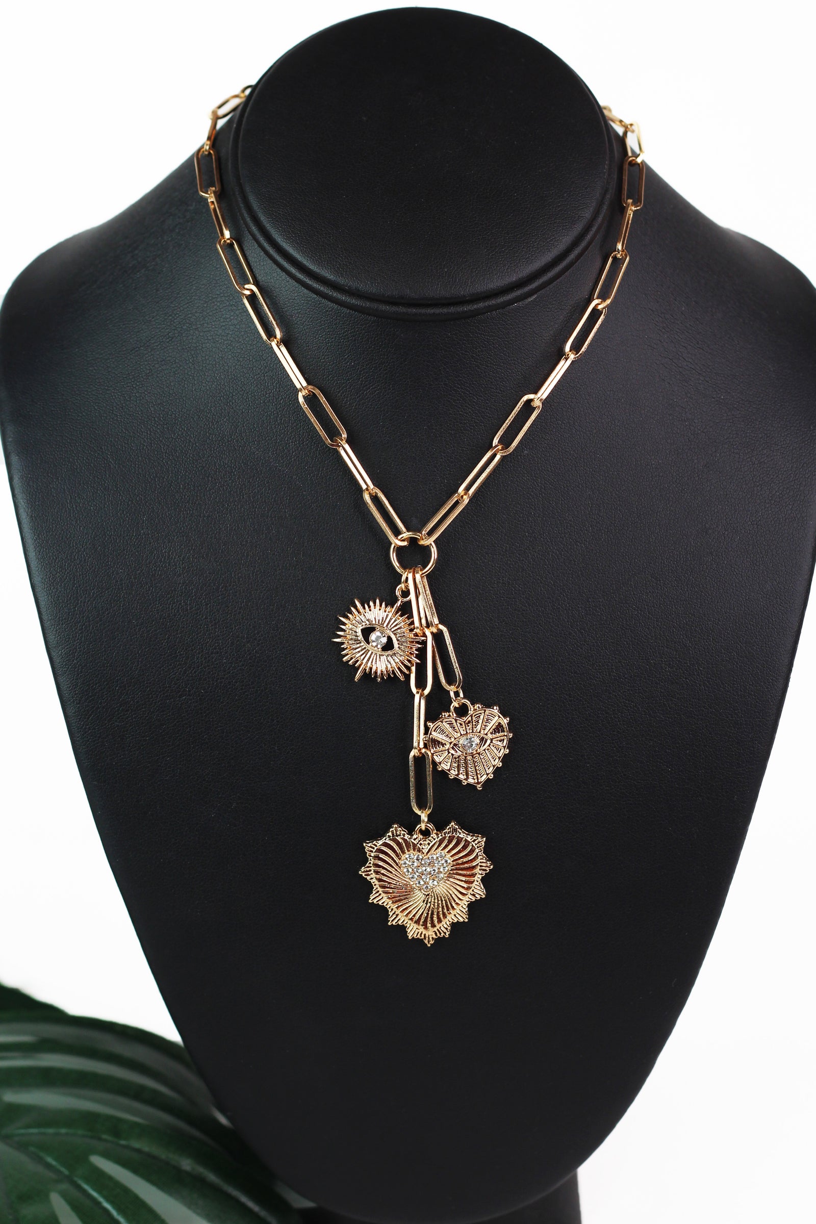 Paperclip Necklace w/ Pave Accented Evil Eye & Heart Charms