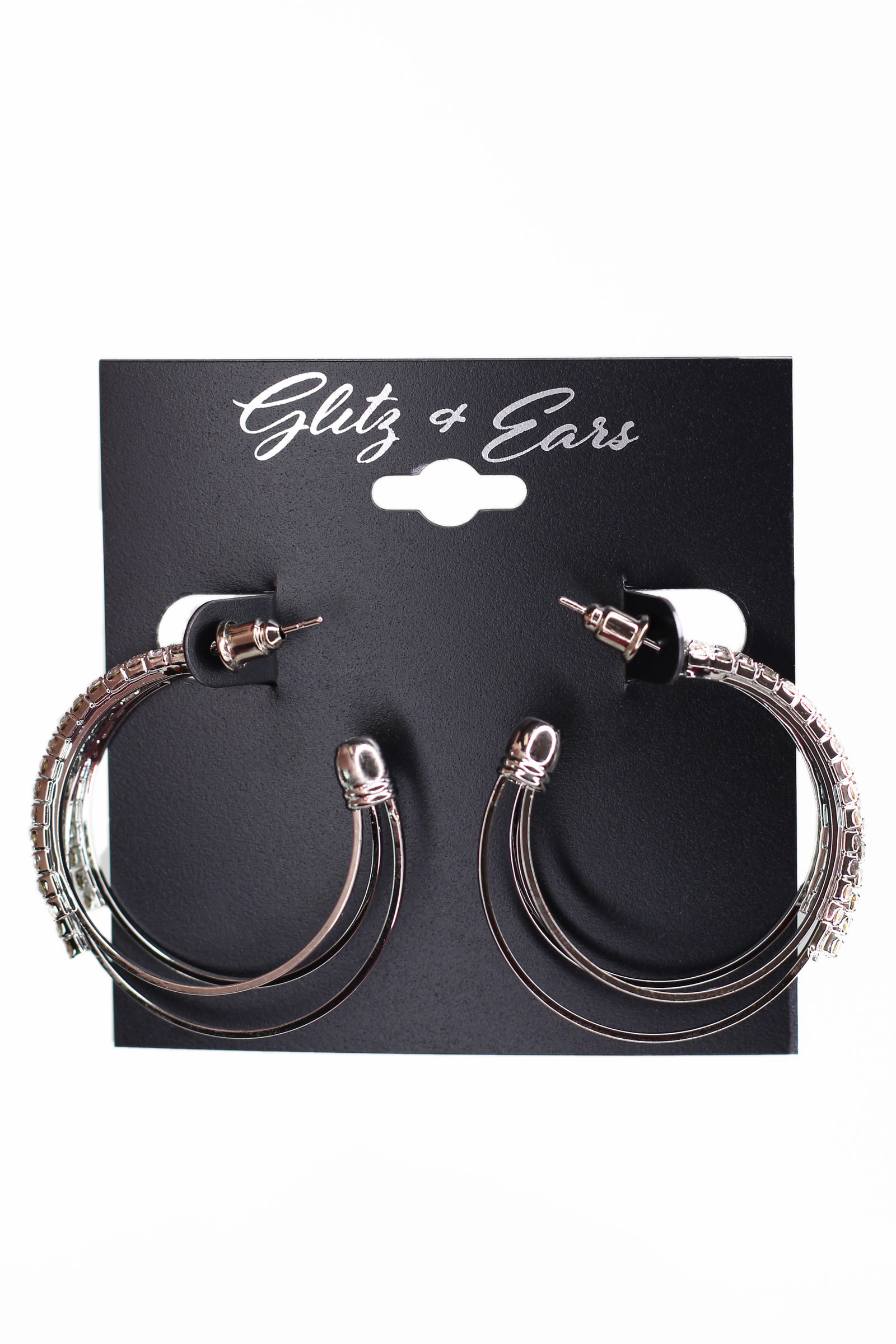 3 Rhinestone & Metal Rows Open Hoop Earrings