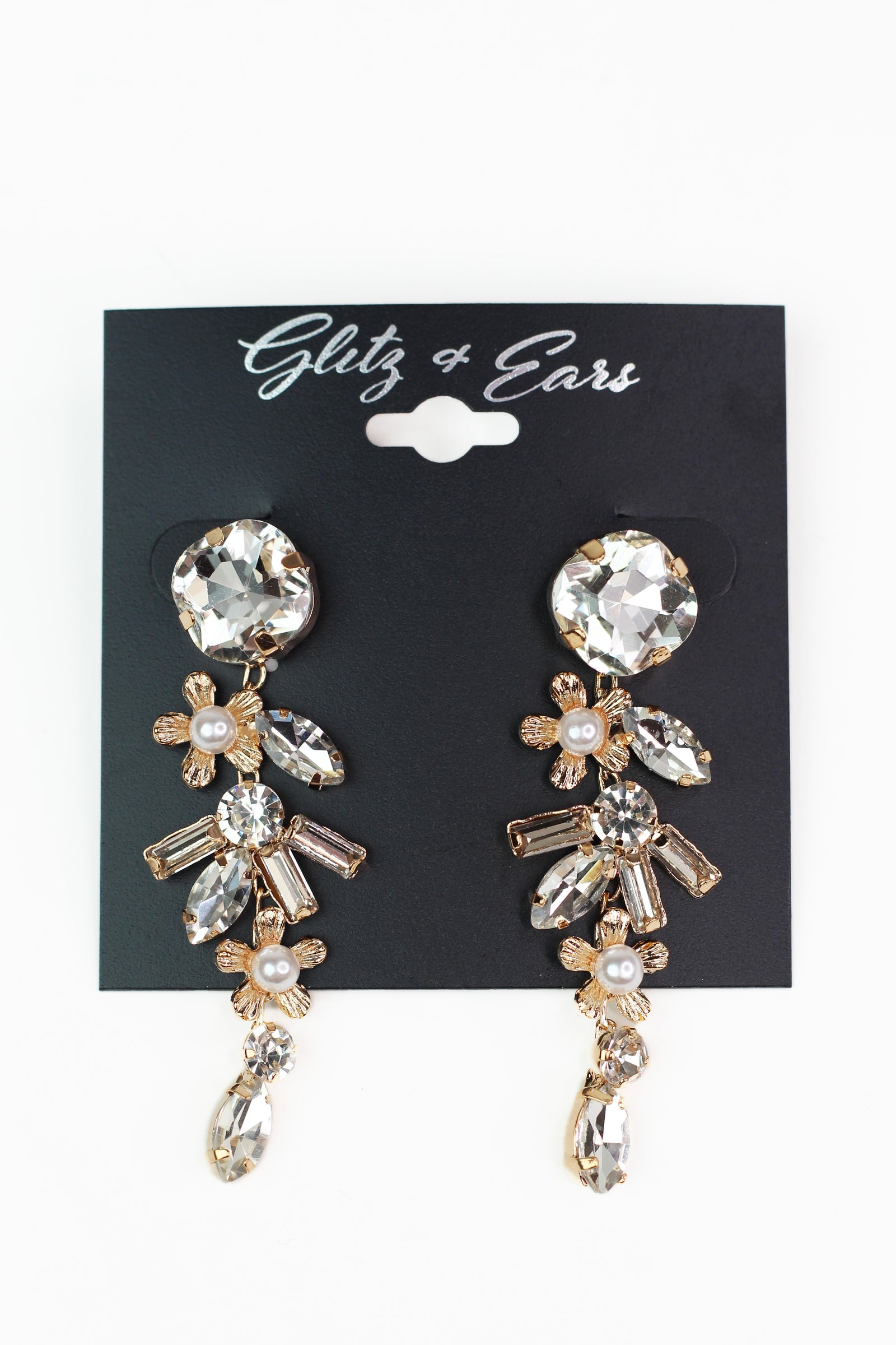 Square Baguette Teardrop & Floral Rhinestone & Pearl Drop Earrings