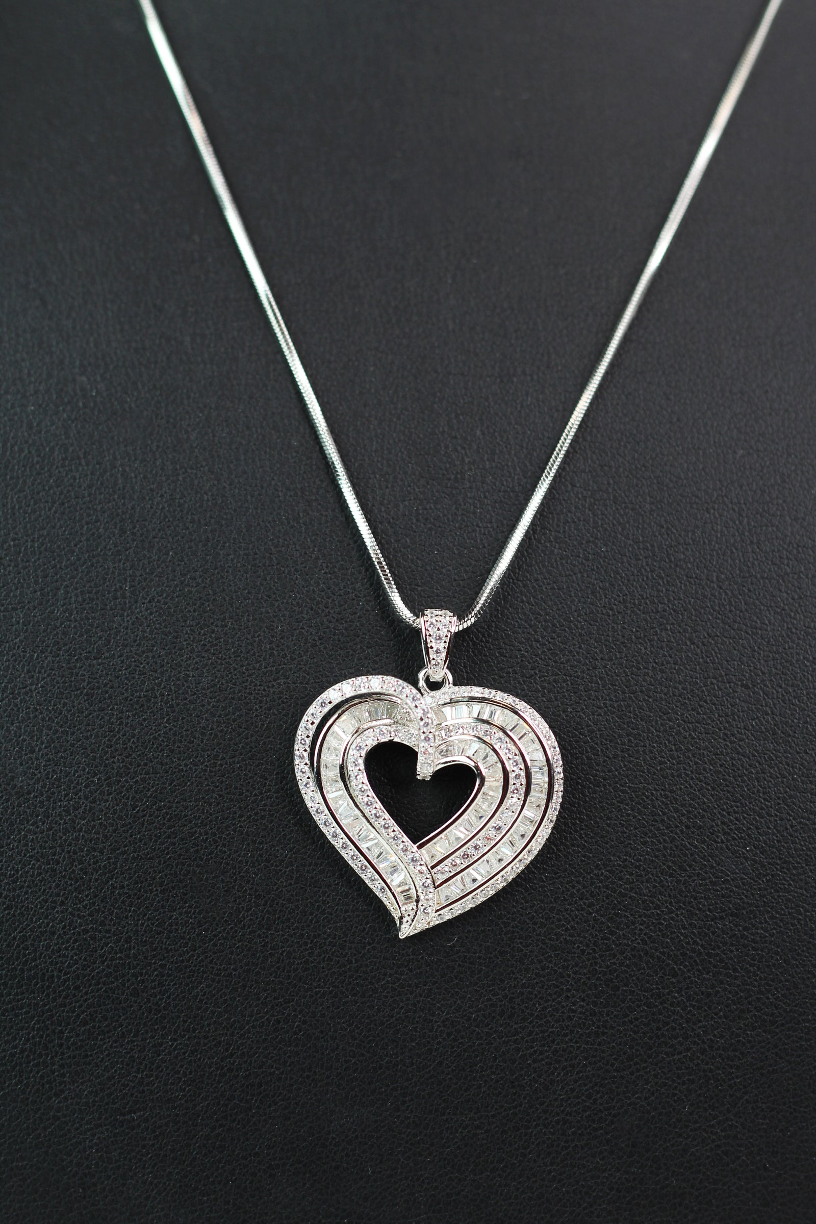 SS Open Pave & Baguette Heart w/ Overlapping Pave Accent Necklace