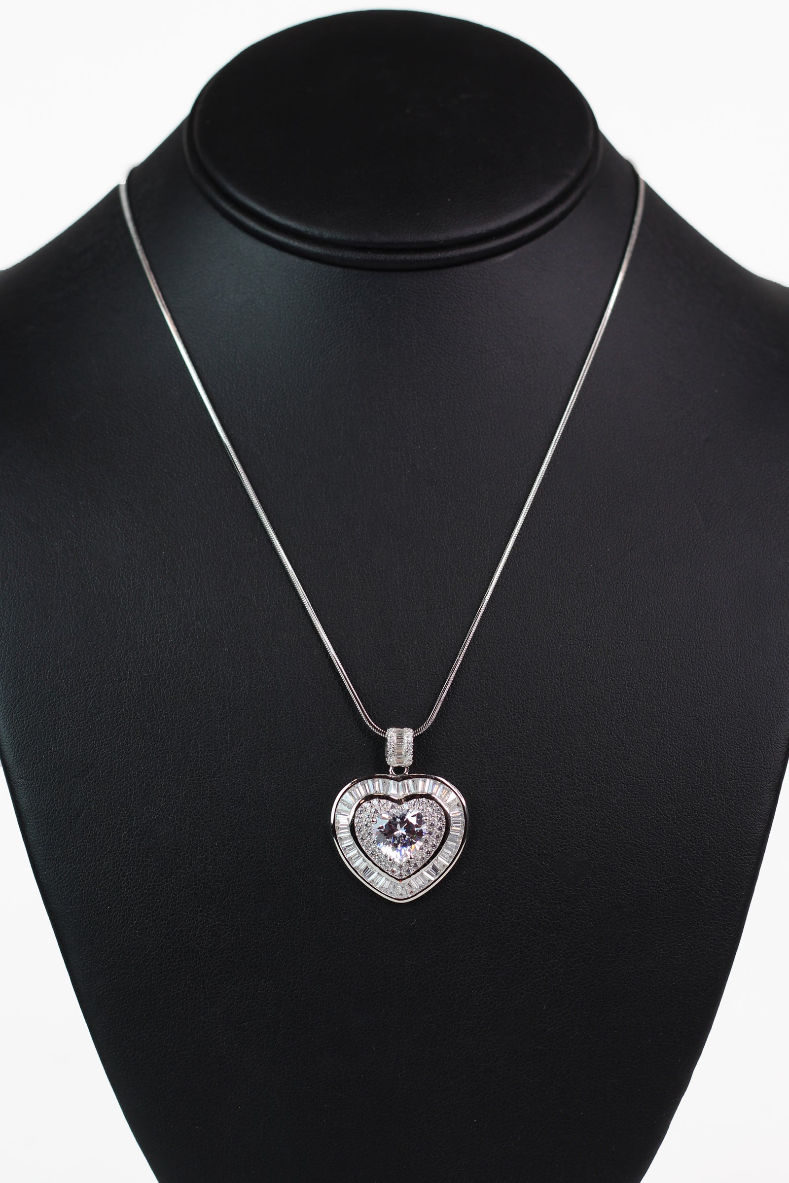 SS Baguette Trimmed Pave Heart w/ Raised Center Stone Necklace