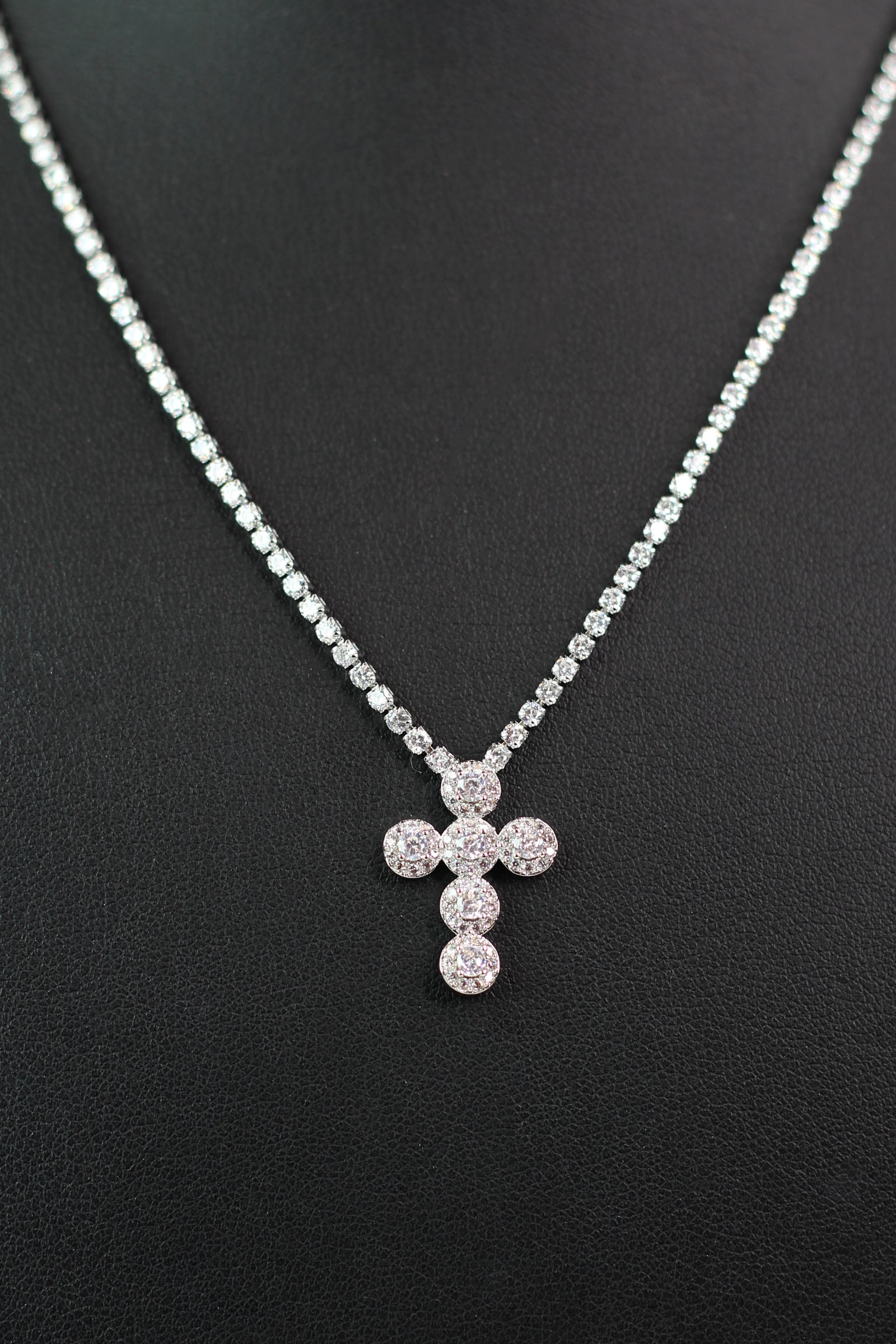 Rhinestone Necklace w/ Pave Trimmed Round Stone Cross