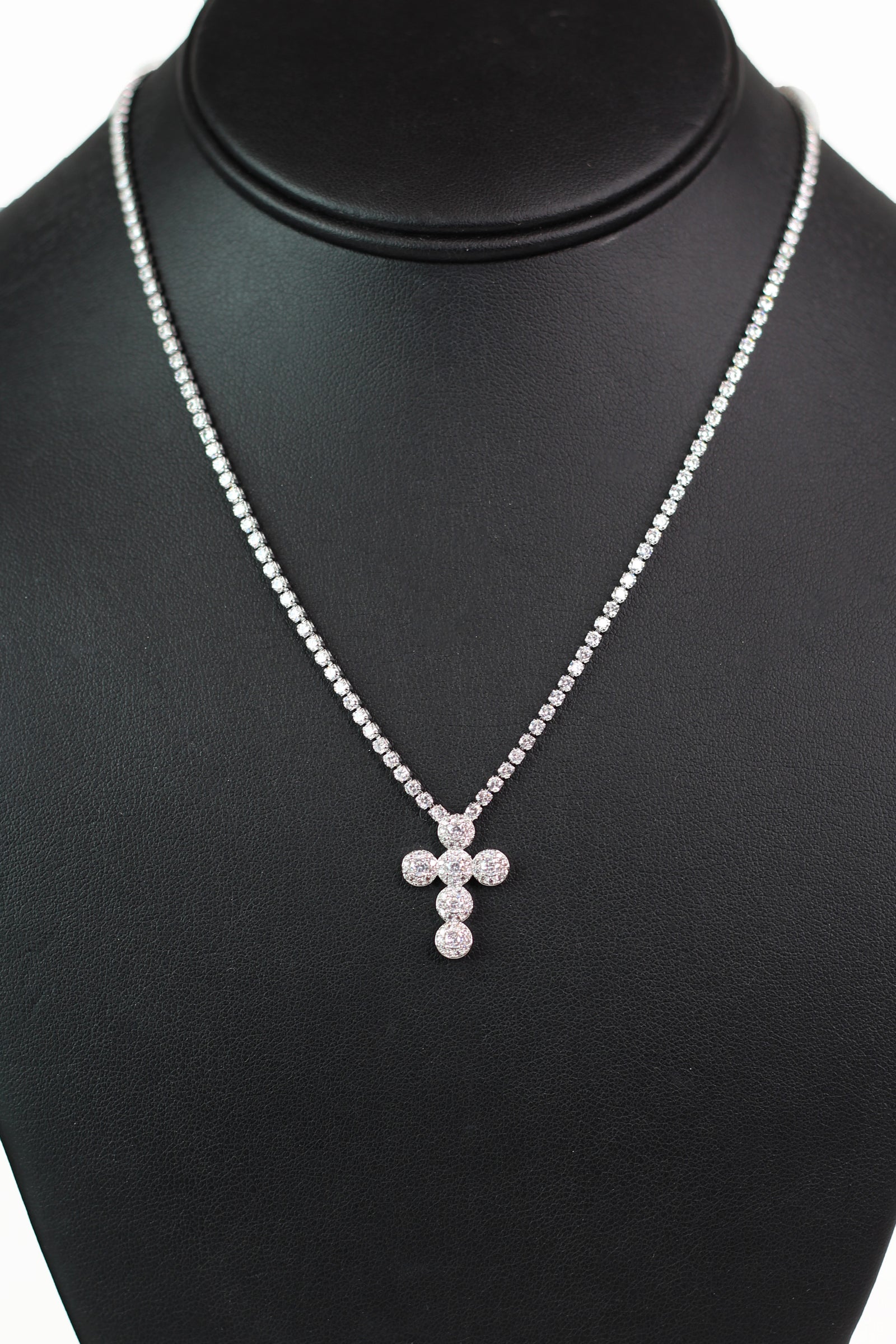 Rhinestone Necklace w/ Pave Trimmed Round Stone Cross