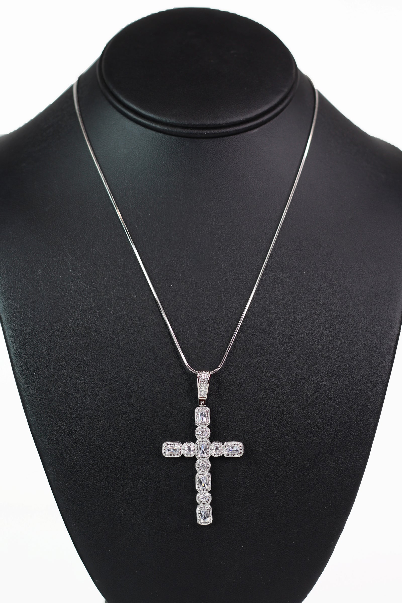 Pave Trimmed Round & Emerald Stone Cross Necklace